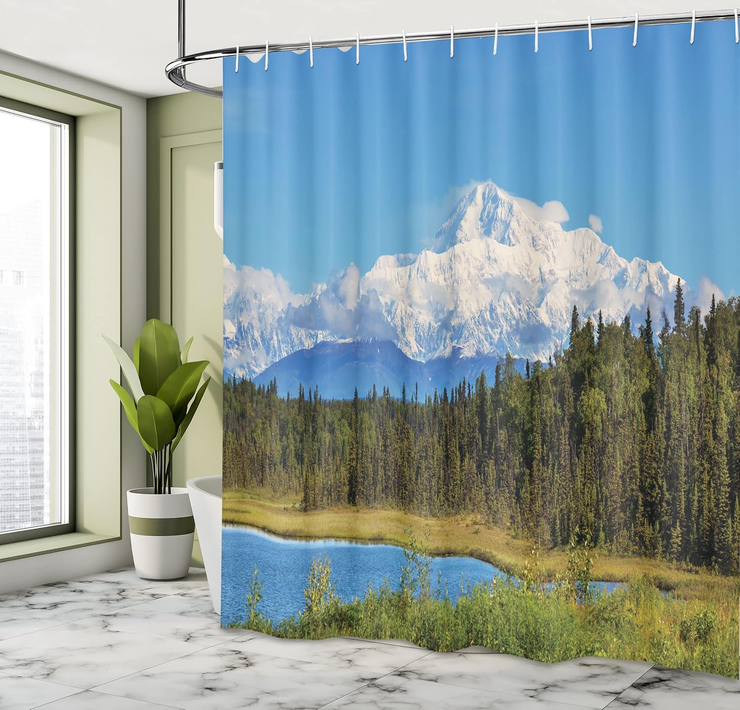 Ambesonne Alaska Shower Curtain, Snow Covered McKinley Mountain in Spring Season with Vibrant Forest, Cloth Fabric Bathroom Decor Set with Hooks, 69" W x 70" L, Forest Green White Blue