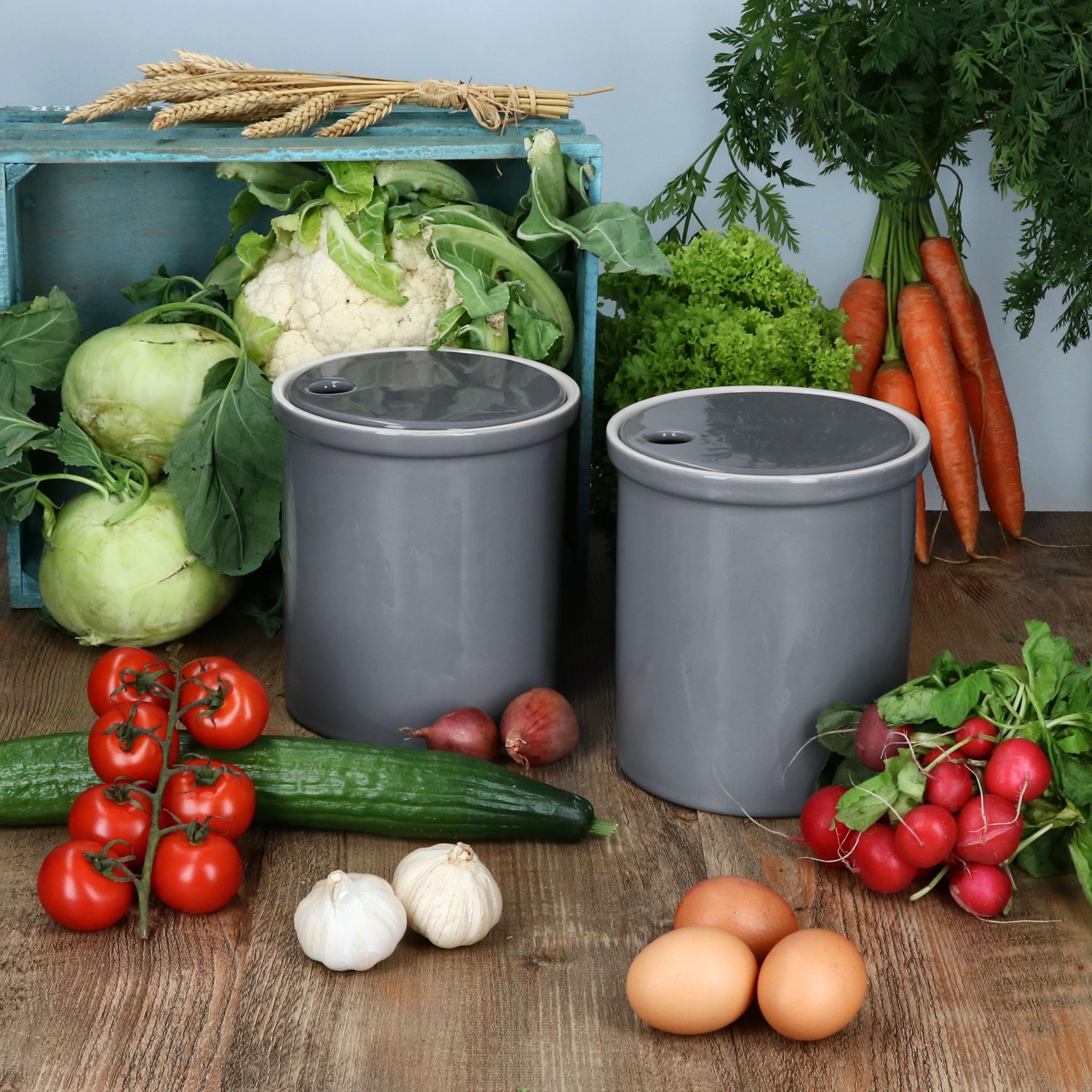 MamboCat Oskar - Set di 2 contenitori per cipolle con coperchio in argilla bianca per la vostra cucina, elegante scatola cilindrica per verdure, ideale per conservare a lungo
