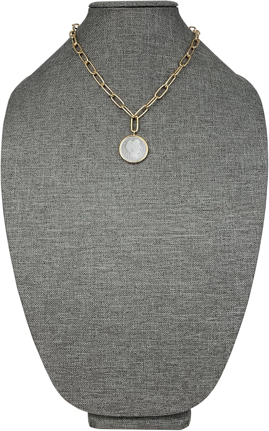 American Coin Treasures Pendant Barber Quarter Coin Necklace- 18 Inch Paper Clip Style Chain- Goldtone Round Bezel- Miss Liberty