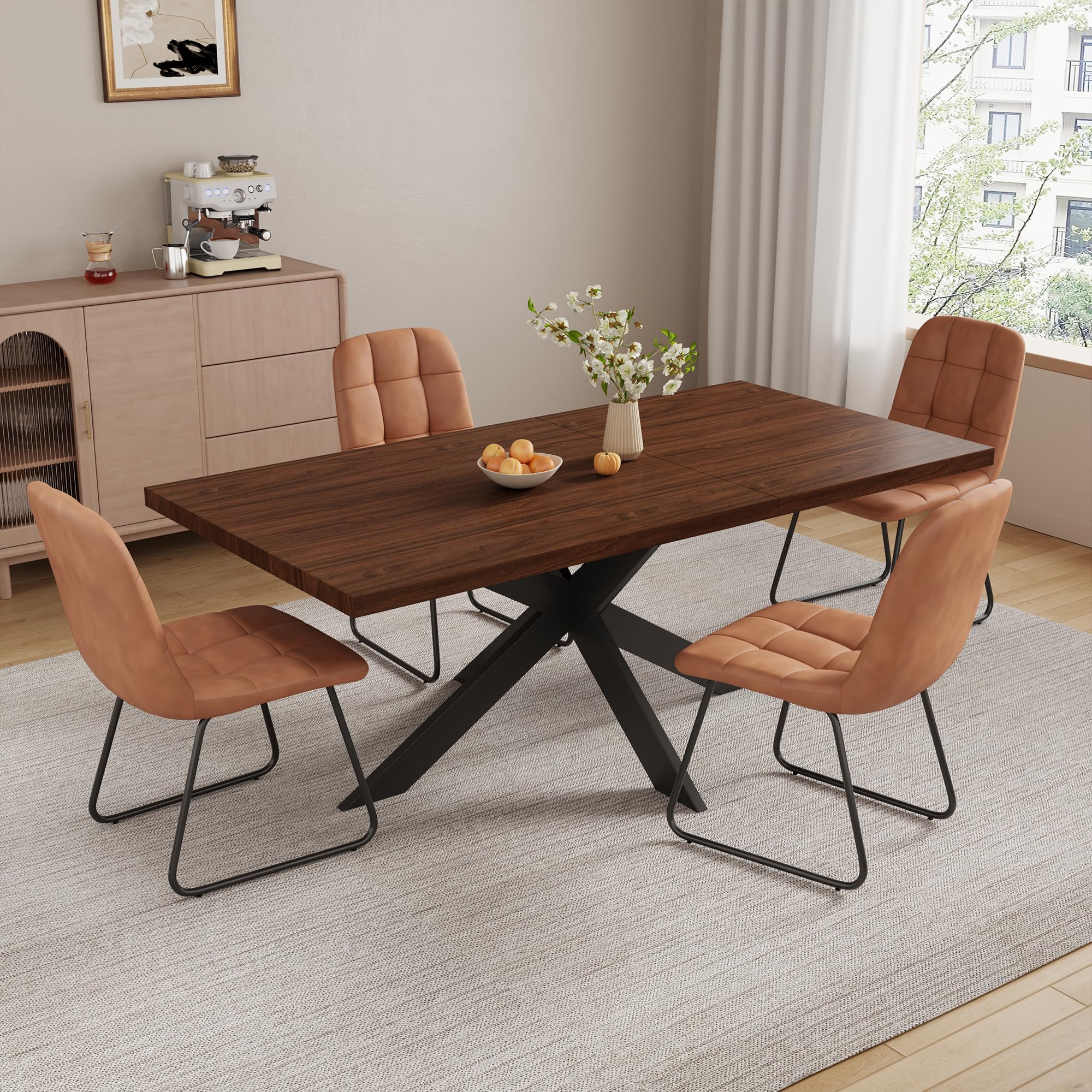 5-Piece Dining Table Set with 51"-67" Extendable Walnut Wood Table and 4 Brown PU Leather Chairs, Modern Rectangular Kitchen Table Set with Metal Legs