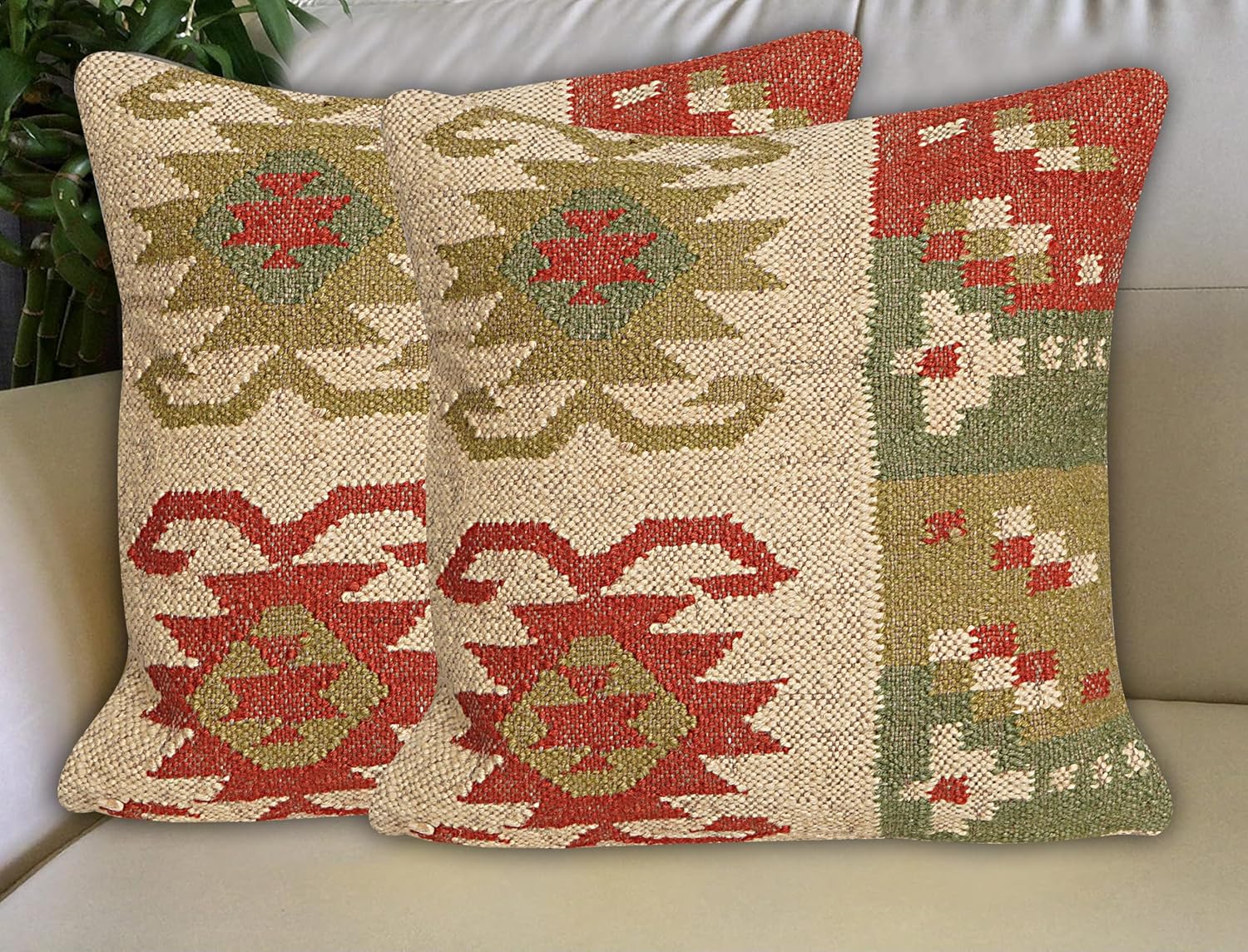Indian Cotton Cushion Cover Handwoven Rug Pillow Case 18x18 Inch Kilim Pillow Cover Boho Home Decor Cushion Cover Vintage Pillow Case Decorative Throw Pillows for Living Room Decor (White Multi)