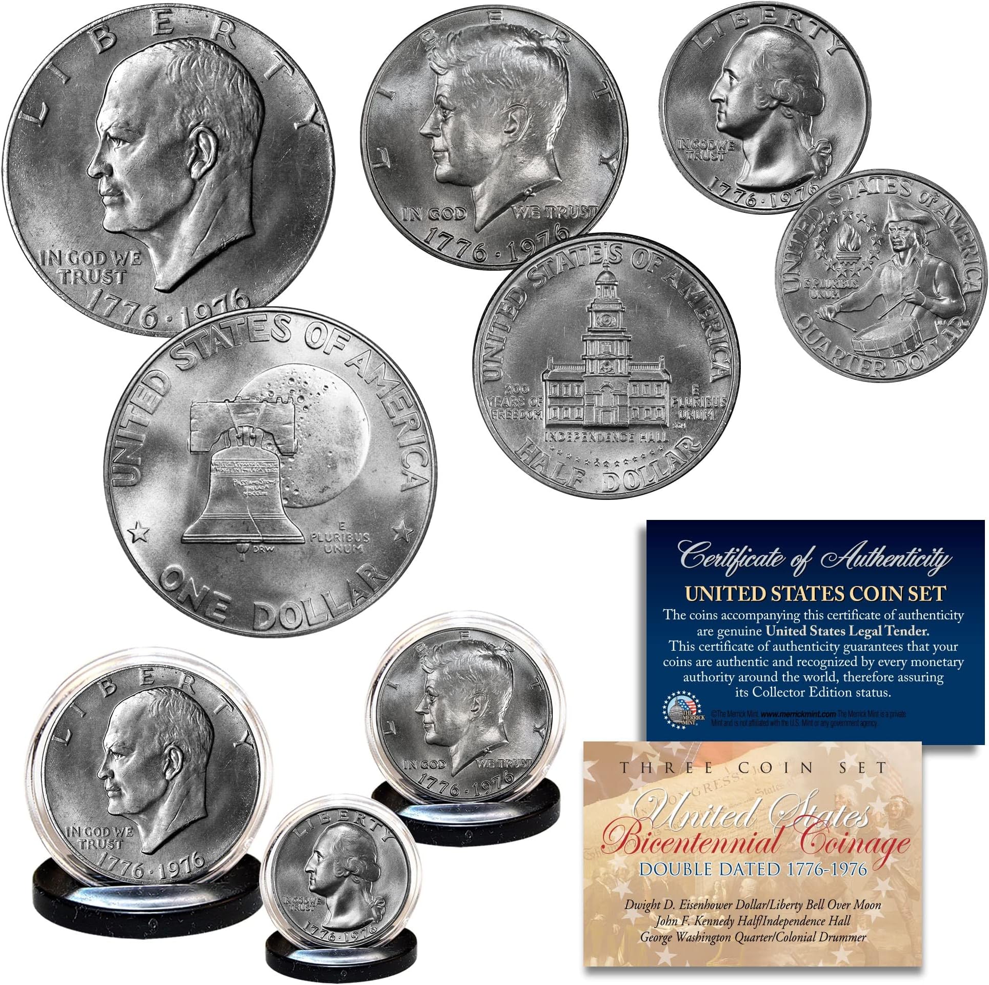 1976 Bicentennial Genuine U.S. Coin Set JFK Half Dollar / IKE Dollar / Quarter Dollar 3-Coin Collection
