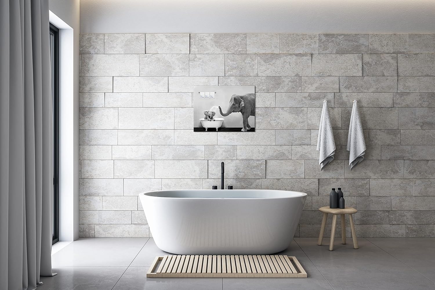 Piy Painting Elephant Bathroom Decor Wall Art, Funny Canvas Prints of Mother and Child Playing Water in Bath Crock, Warm Bathtub Picture with Keep Clean, Keep Happy, Keep Love Words Motivating Kids.