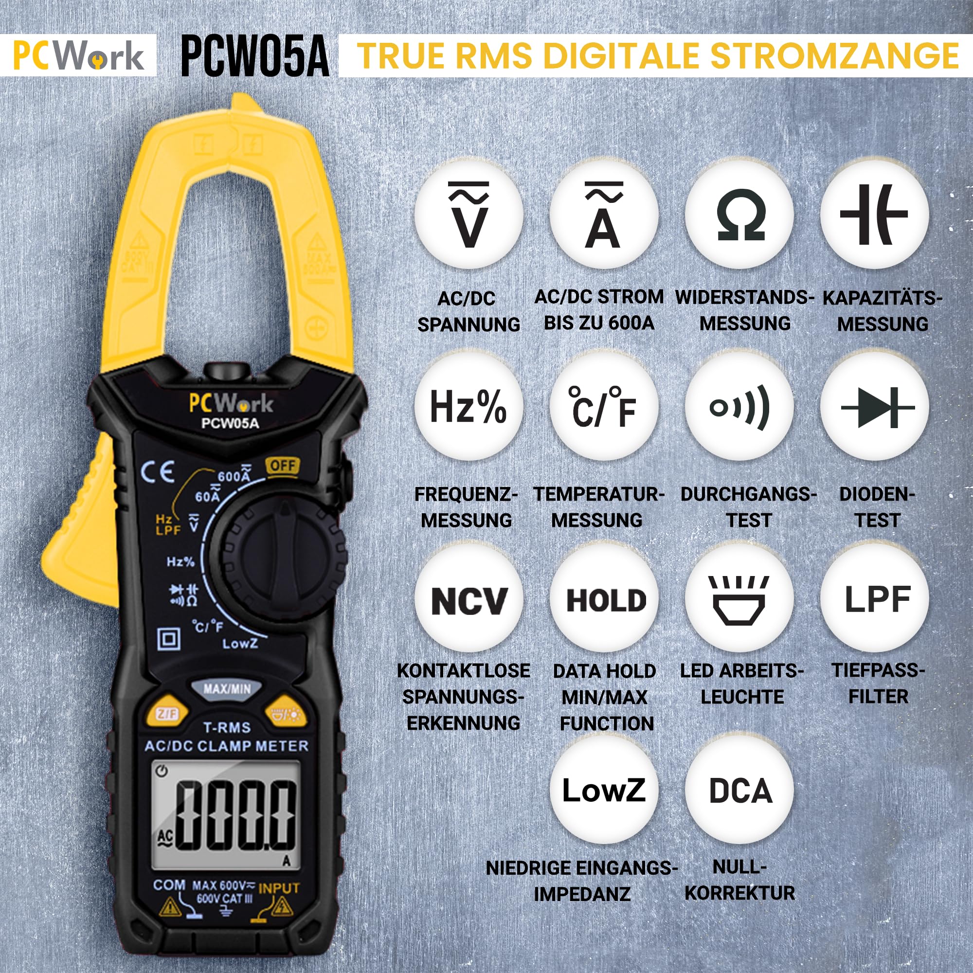 Pince ampèremétrique professionnelle AC DC PCW05A, TRUE RMS multimètre 600 A, multimètre numérique AUTO RANGE, écran LCD bicolore 6000 points, ampèremètre, testeur de continuité
