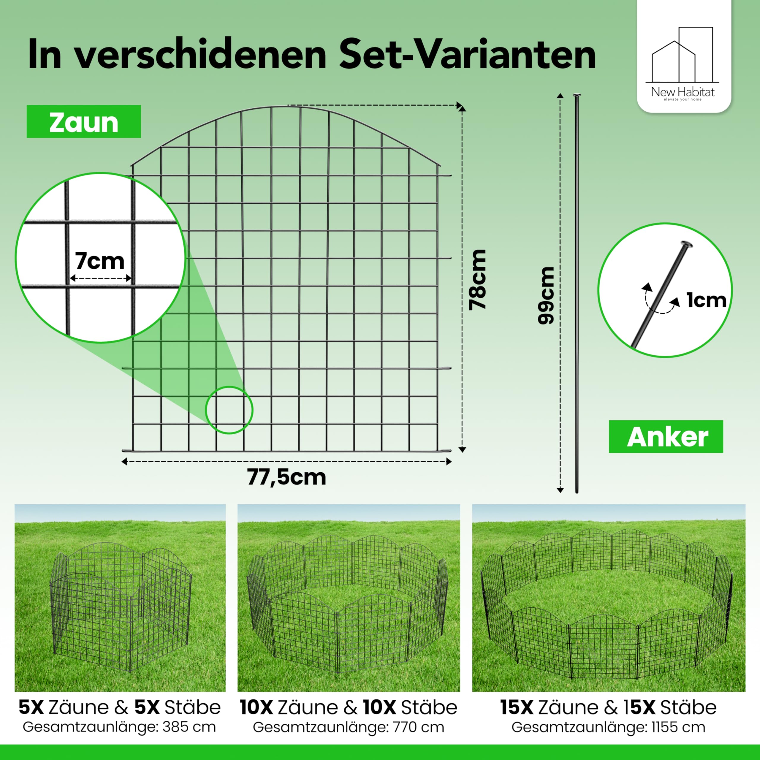 NewHabitat | 10x Teichzaun Steckzaun aus Metall, Anthrazit, 78cm - Erweiterbares Zaunset für Garten, Teich, Pool und Tiergehege