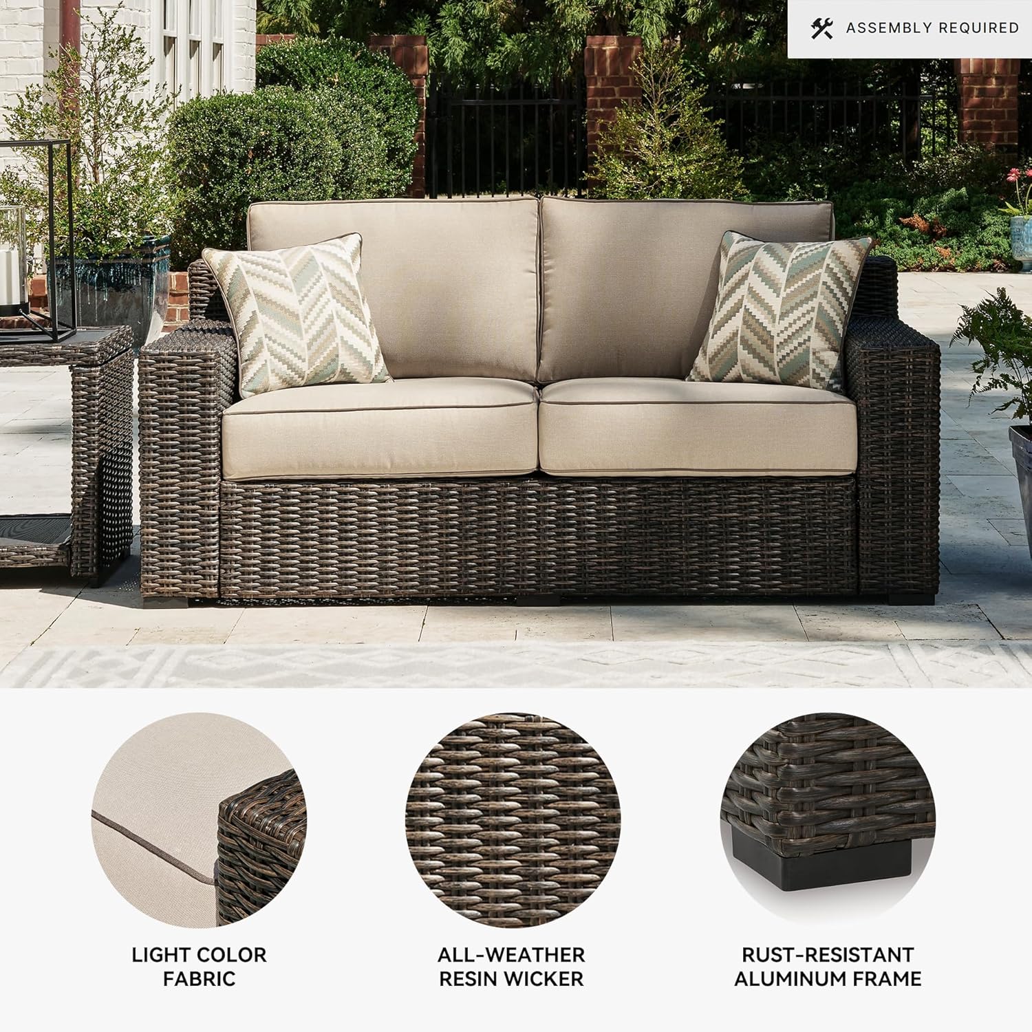 Signature Design by Ashley Coastline Bay Casual Weather Resistant Outdoor Loveseat with Cushion and 2 Throw Pillows, Nuvella Weather Resistant Fabric, Beige & Dark Brown