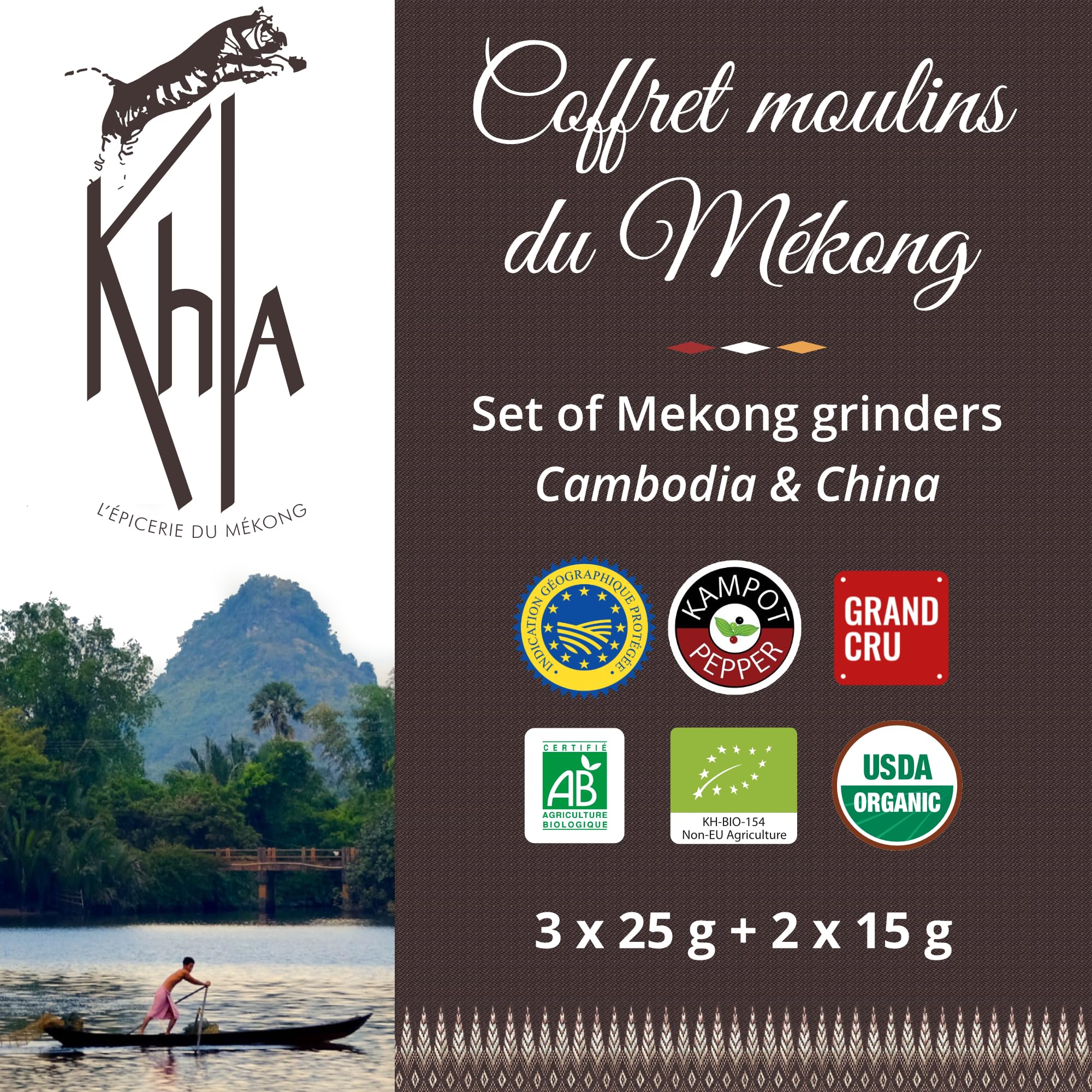 Khla - Confezione 5 Macina Pepe di Mekong - Set Regalo con 5 Pepe di Kampot & Sichuan - Pepe Raro e Premium - Macine di Pepe Ricaricabili - Origine Cambogia & Cina