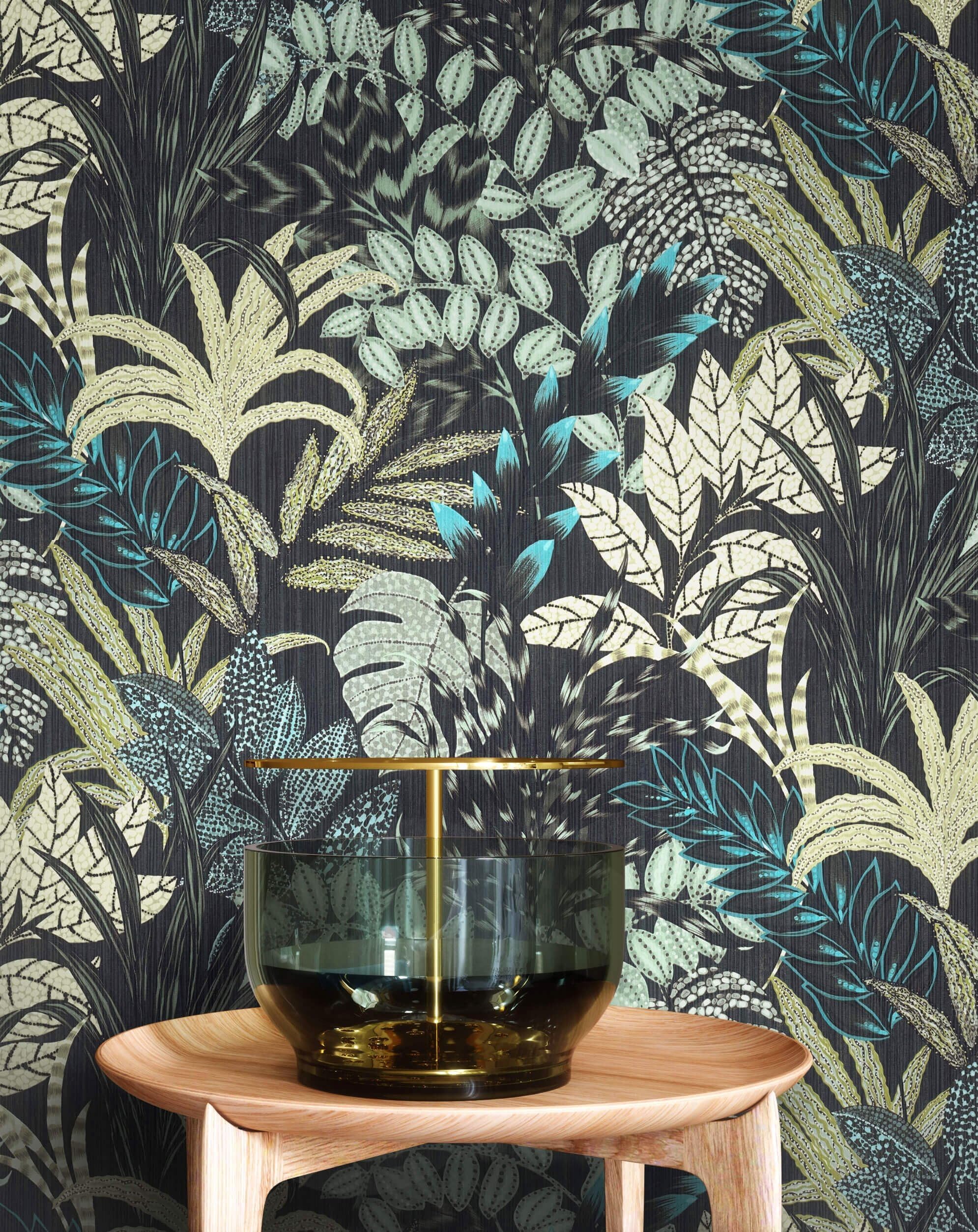 Papier peint intissé jungle bleu NEWROOM avec feuillage exotique de luxe