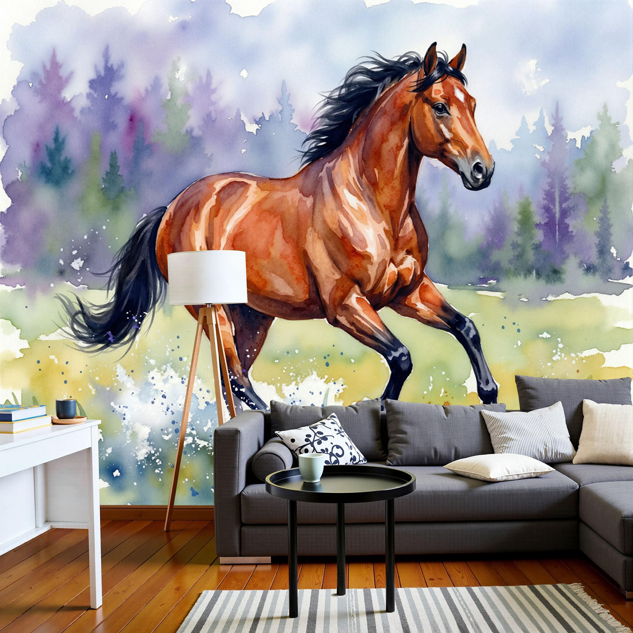 Papier peint aquarelle prairie cheval pour créer un espace zen en chambre