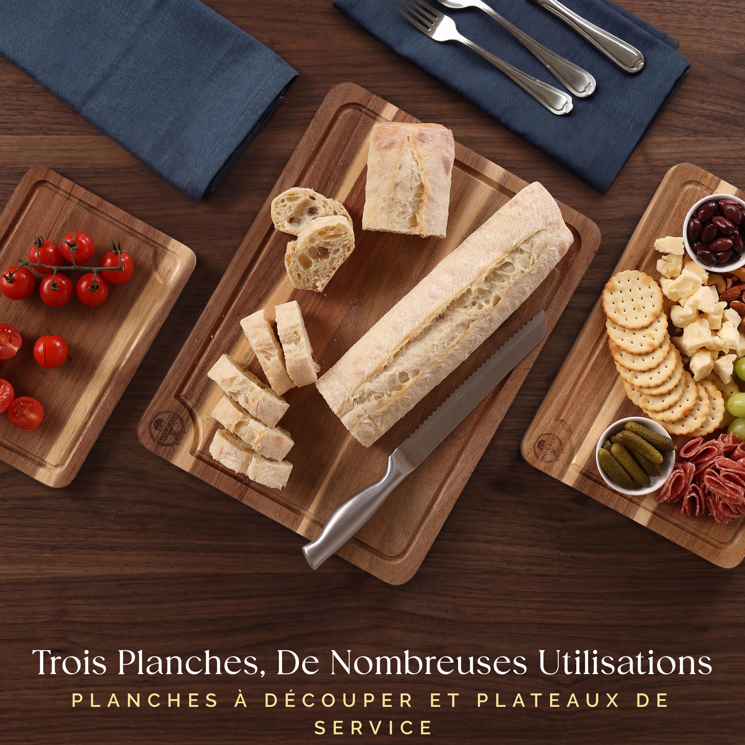 Ensemble de 3 planches à découper en acacia pré-huilées, non toxiques avec support, planches à découper en bois certifiées FSC, comprend 100 ml d'huile pour planche à découper, 3 planches de sculpture