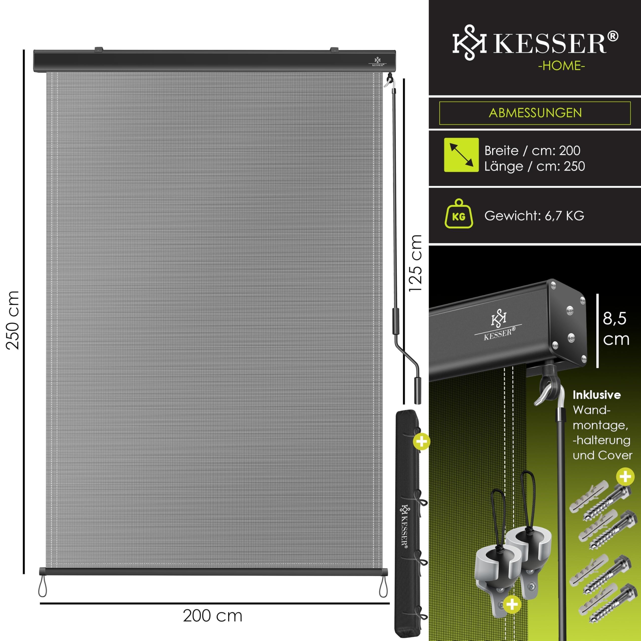 KESSER Markiza pionowa 200 × 250 cm roleta zewnętrzna z ręcznym mechanizmem korbowym