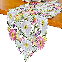 AMARED Spring Daisy Embroidered Table Runner 13x34 Inch Floral Polyester Linen for Dining Home Decor