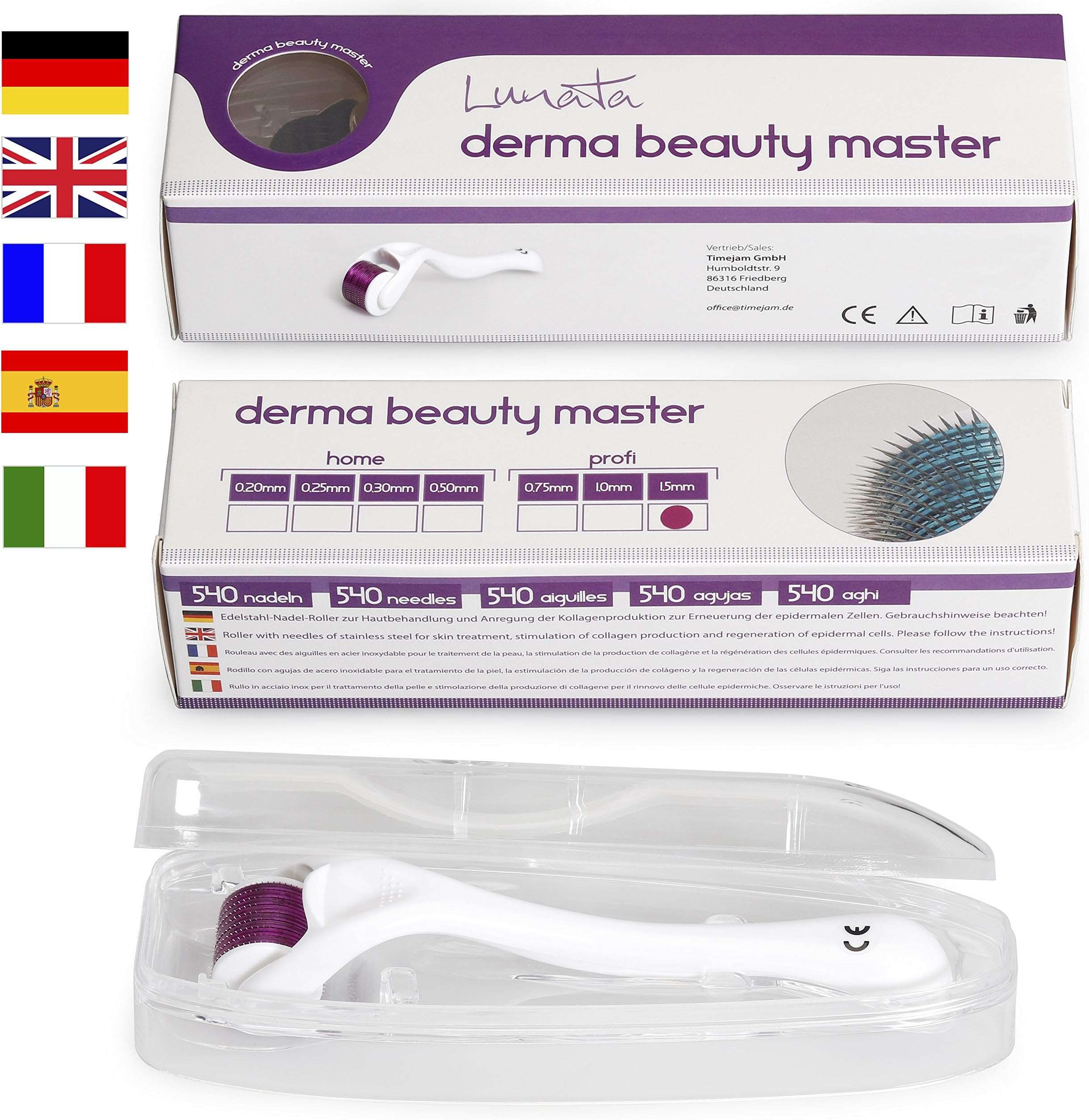 Lunata (Upgrade 2019) 1,5mm Dermaroller with 540 Stainless Steel Needles, Derma roller, Medical Device Class I & with CE Certification