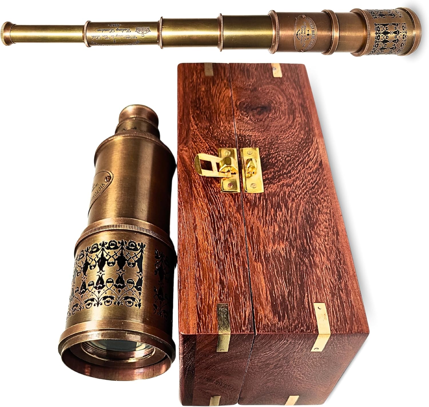 Antique Victorian Marine Telescope with Wooden Box - Vintage Brass Nautical Spyglass for Collectors and Enthusiasts Navigation Instrument - Handmade Maritime Decor and Functional