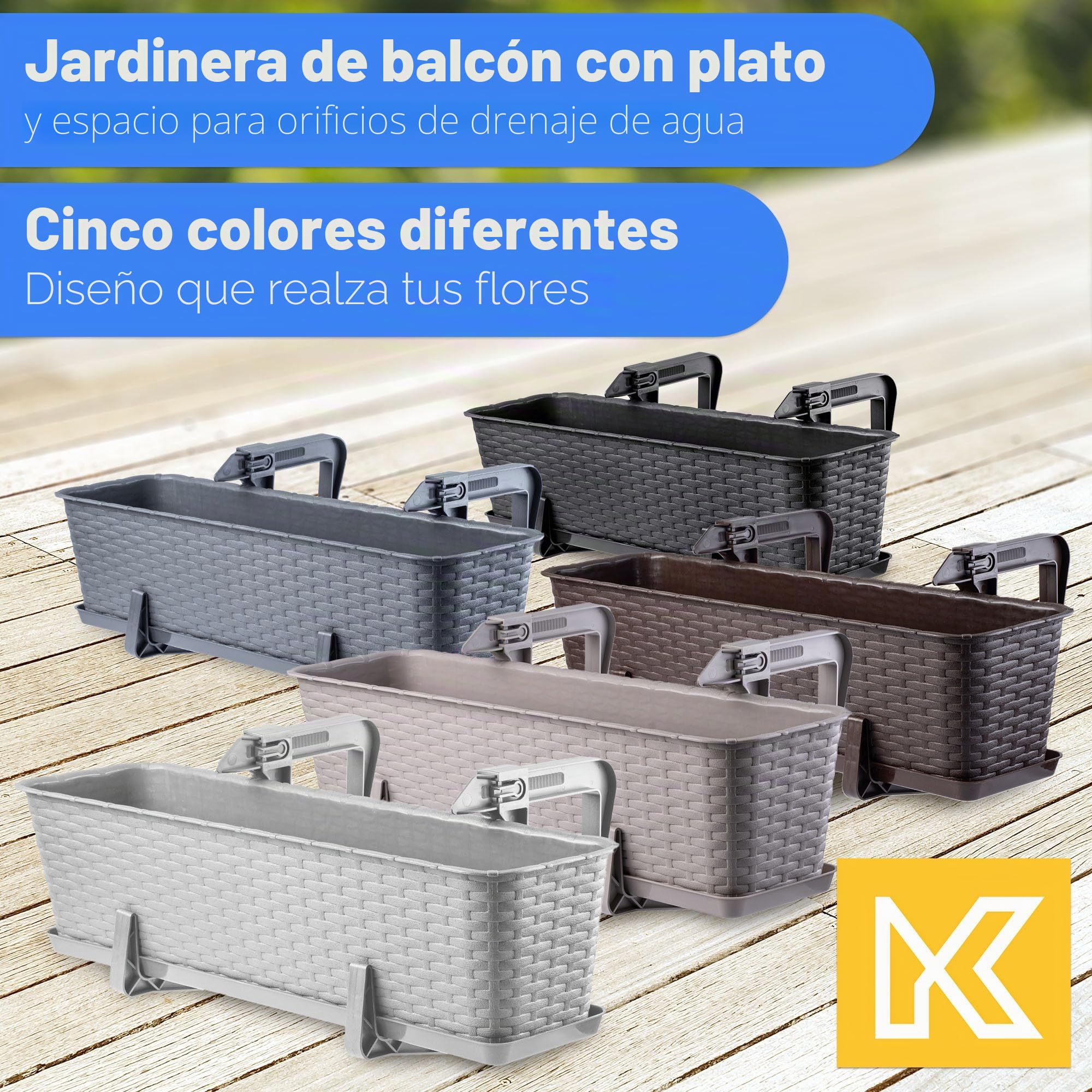 KADAX Maceta de Plástico Imitación Ratán, Macetero Rectangular con Platillo y Soportes para Exterior, Jardinera Colgante para Balcón (Antracita, 60 cm, Aprox. 12L)
