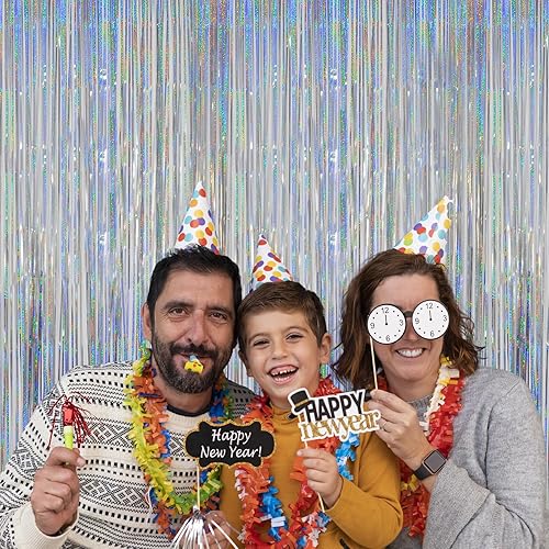 Miniatura 8 de Melsan Cortina de fondo de oropel plateado con flecos, 3 paquetes y mantel iridiscente, 3 paquetes para decoración de fiesta de cumpleaños, baby