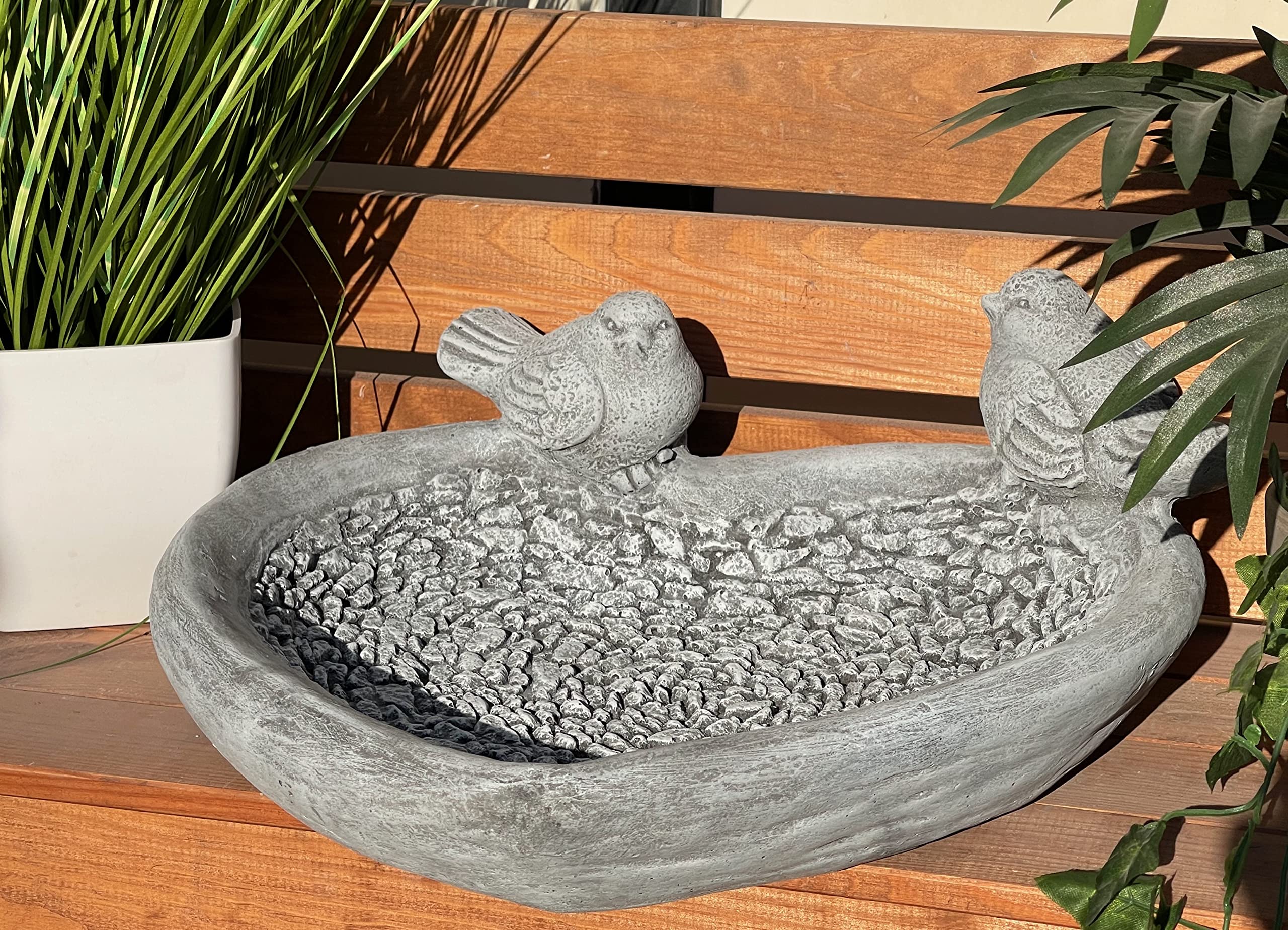 stoneandstyle Bebedero para pájaros XL con 2 pájaros, piedra fundida, resistente a las heladas, para invierno, 13 x 34 x 34 cm