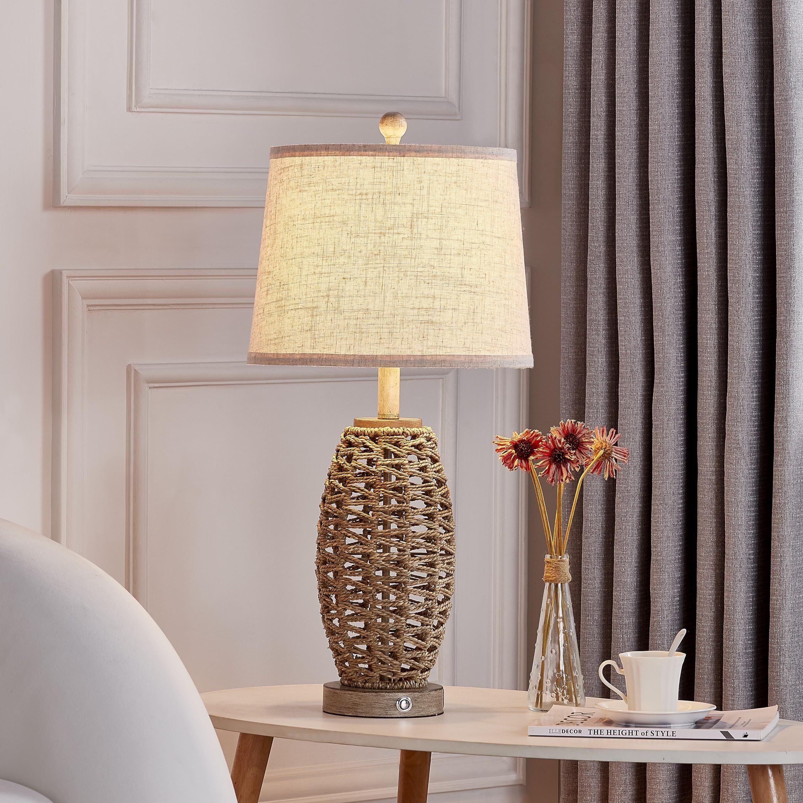 XANAYXWJ Zestaw 2 lamp stołowych z naturalnego rattanu, możliwość przyciemniania w 3 kierunkach, port ładowania, klosz w kolorze płatków owsianych, sypialnia, 2 sztuki w zestawie. Nadaje się do