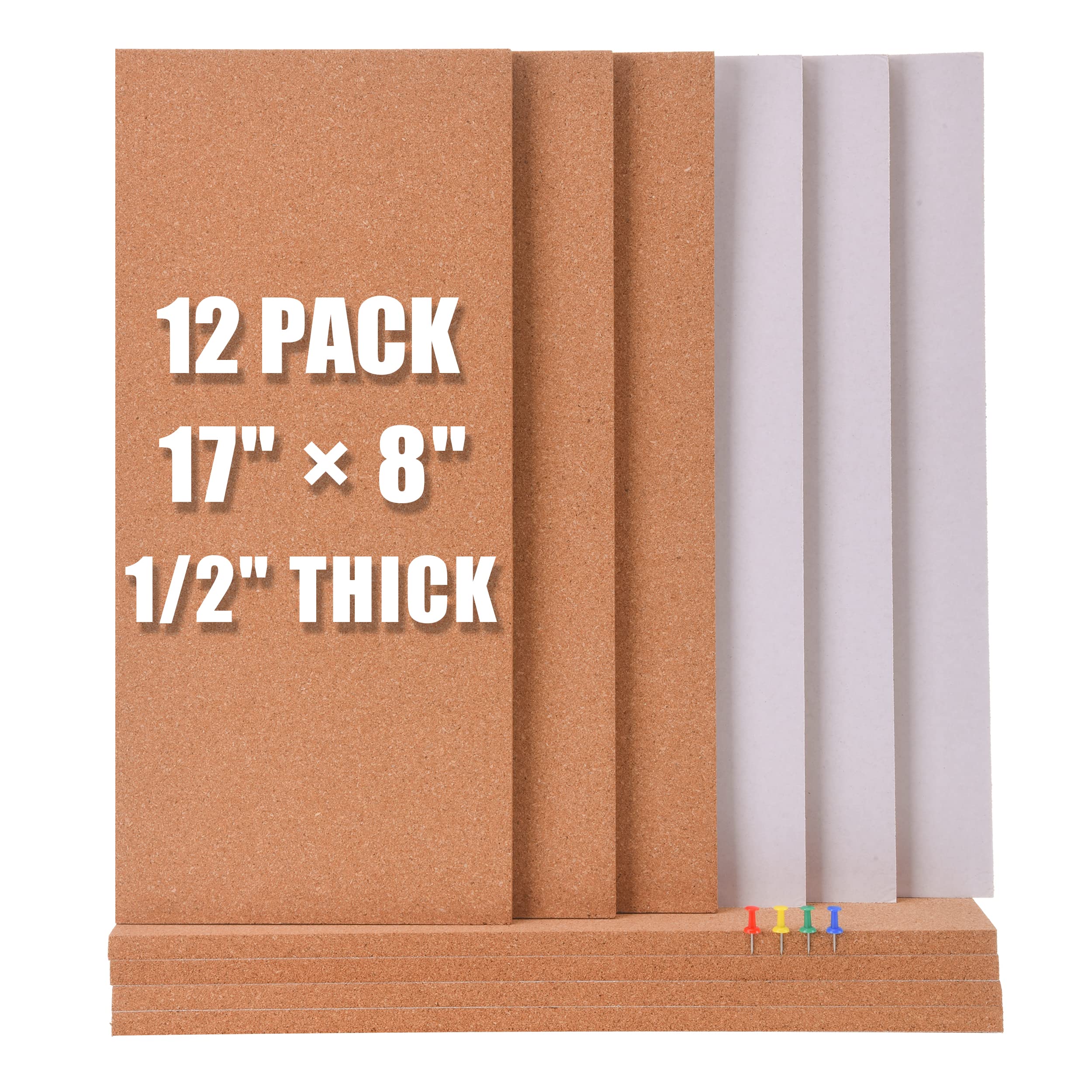 SUNGIFT Cork Board Tiles 1/2" Thick, 12 Pack Cork Wall Board, 17 x 8