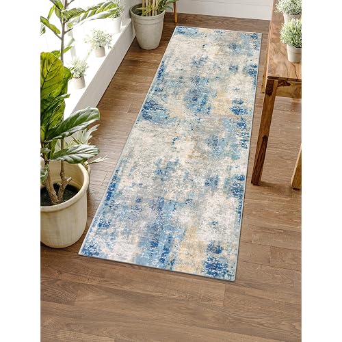 Lahome Modern Abstract Blue Bathroom Rug, 2x6 Washable Long Hallway Rug Soft Non Slip Blue Floor Accent Carpet Runner for Entryway Kitchen Laundry Room Doorway Bedroom