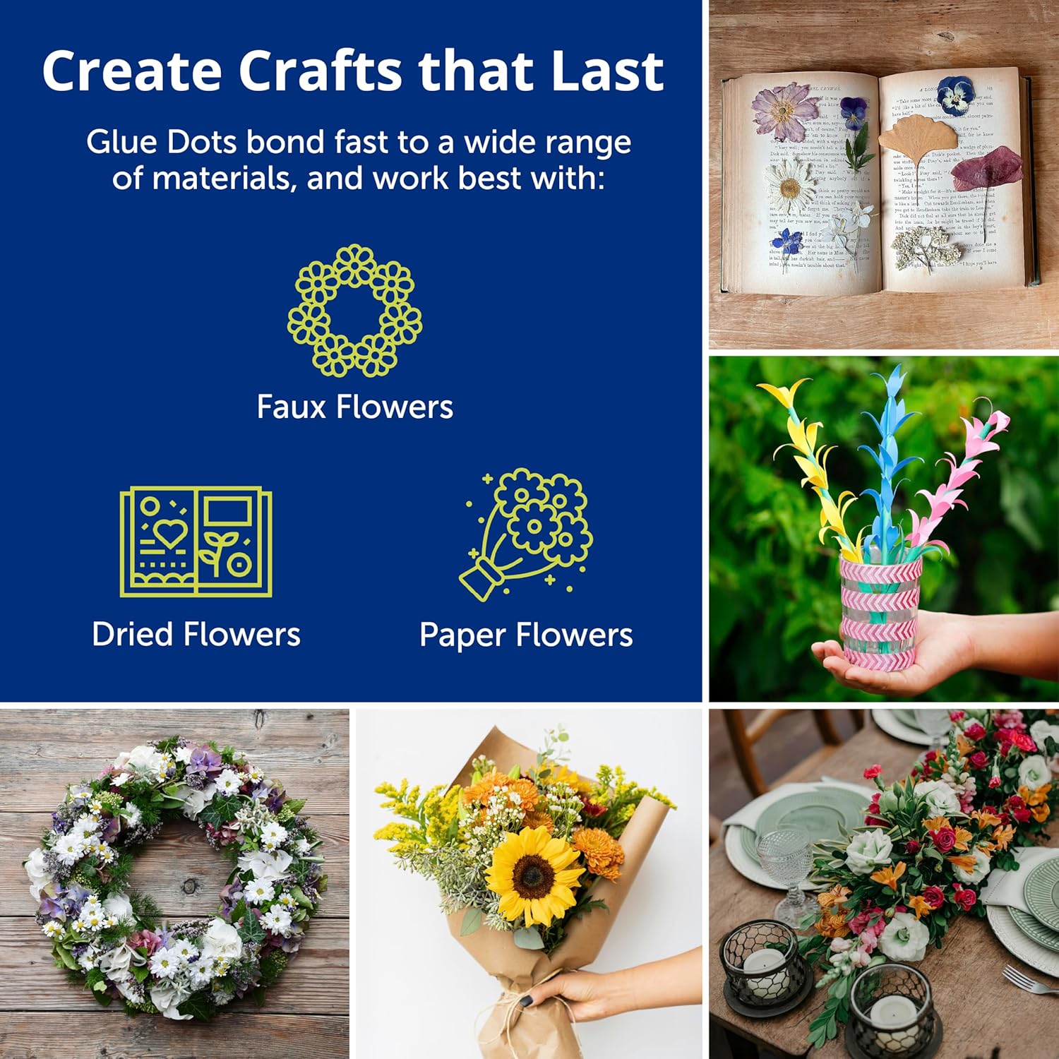 Glue Dots, Flower Dots, Double-Sided, Permanent, 1/2", 3-Pack, 900 Total Dots, DIY Fake Flower Bouquets Wreaths Décor, Sticky Tape Adhesive, Liquid Hot Glue Alternative, Clear