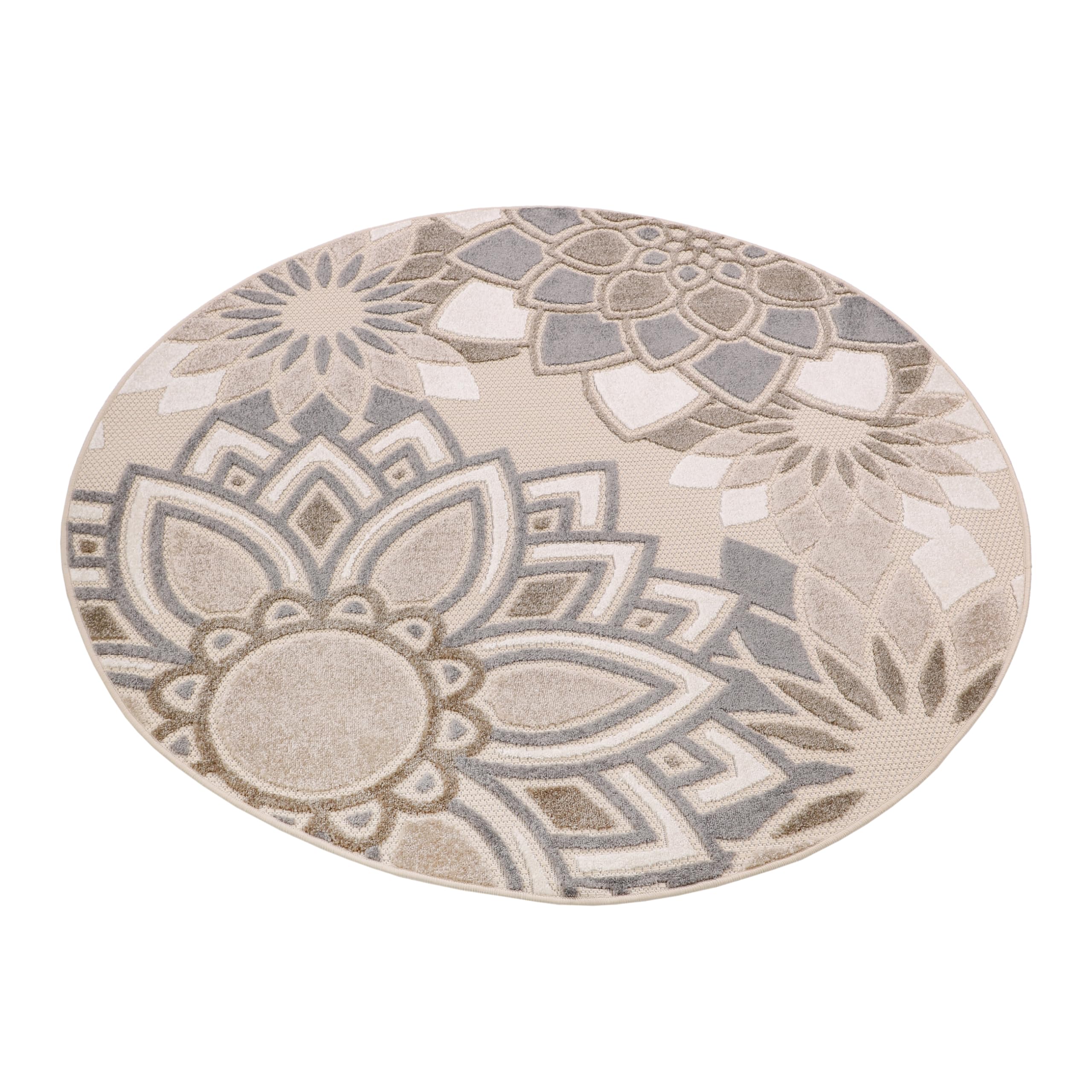 TAPISO Tappeto Rotondo Esterno Interno Pelo Corto Design Moderno Motivo Astratto Floreale 3D Beige Panna 100 x 100 cm