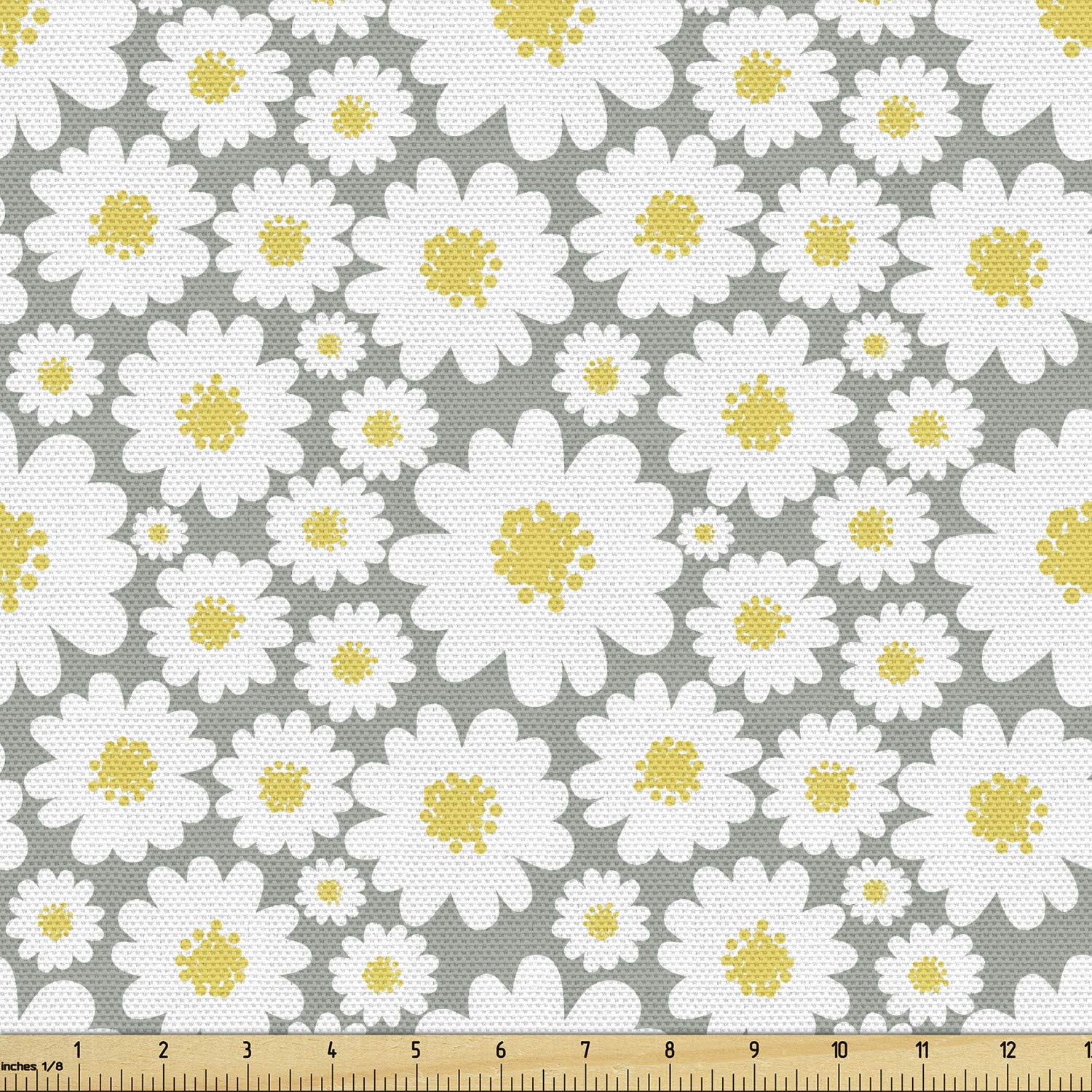 Lunarable Grey and Yellow Fabric by The Yard, Spring Daisies Summer Themed Ornament Blossoming Spring Nature Art, Decorative Fabric for Upholstery and Home Accents, 2 Yards, Yellow White Grey