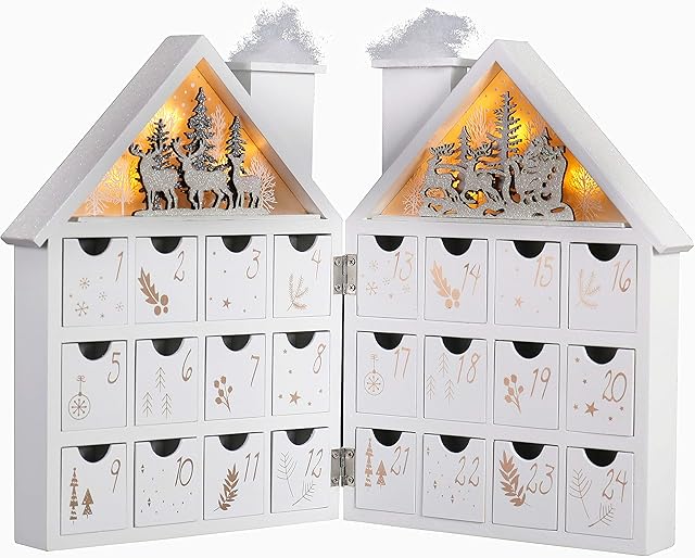 Valery Madelyn 24-Day Christmas Countdown Advent Calendar with LED Lights, Frozen Winter White Wooden House Xmas Decoration for Tabletop, 17.3inch/44cm Long