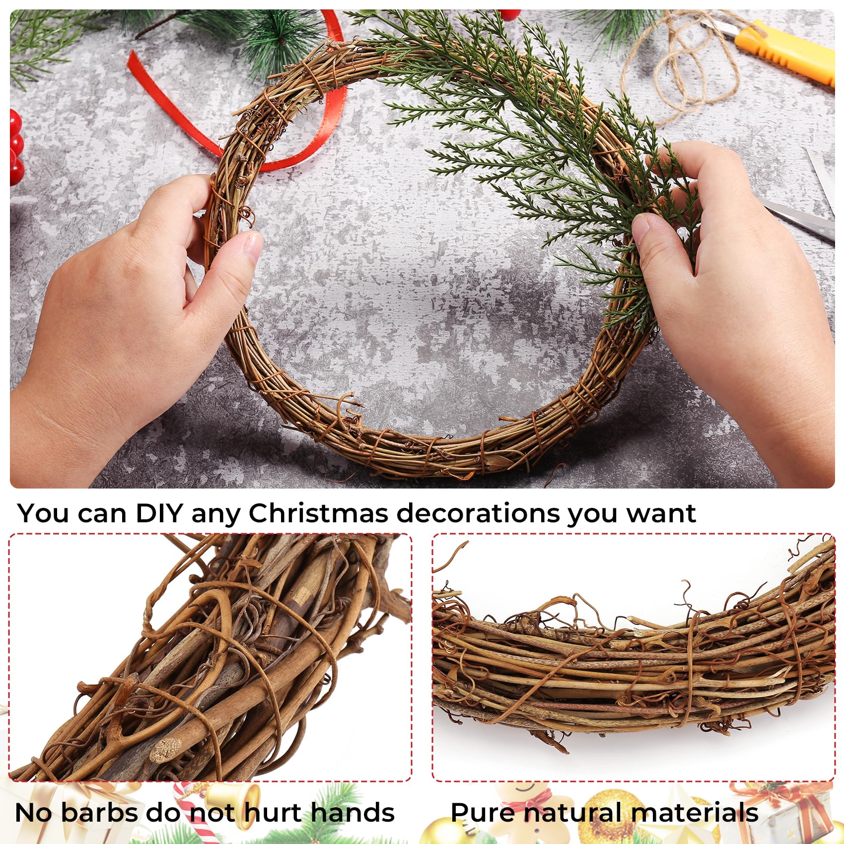 Lot de 3 couronnes de vigne naturelle de 30 cm + 3 couronnes de printemps de 20 cm pour porte d'entrée, couronnes en rotin pour loisirs créatifs, décoration murale de porte d'entrée, Pâques, Noël