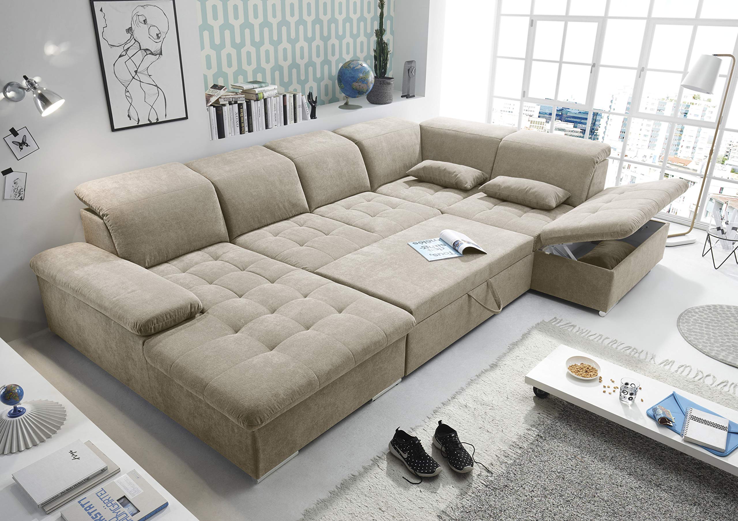 Stella Trading WAYNE Wohnlandschaft in U-Form, Stoffbezug Sand - Ausziehbares Sofa mit Schlaffunktion & Bettkasten - 340 x 81 (104) x 188 (240) cm (B/H/T)