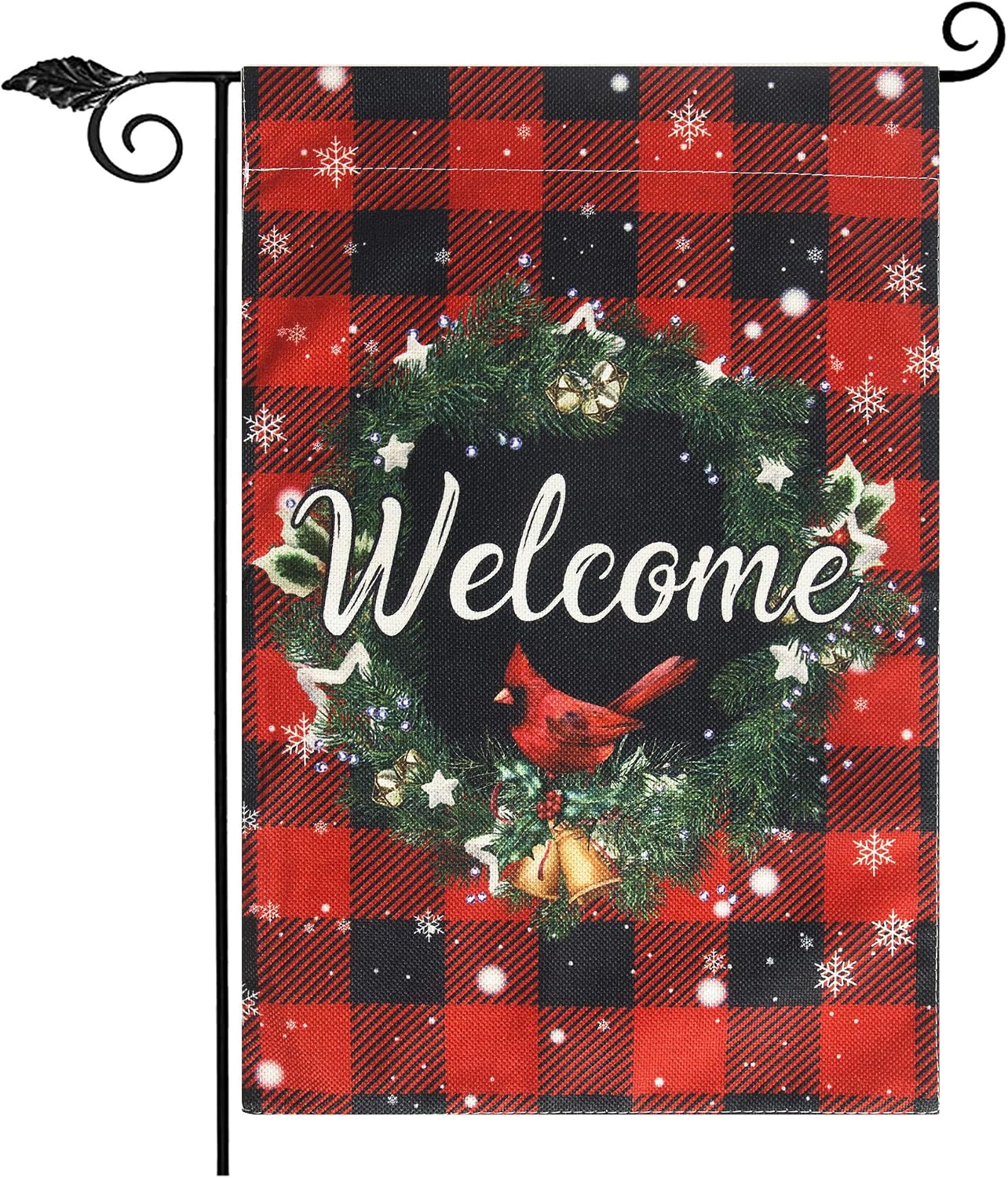 Unves Christmas Garden Flag, Welcome Garden Flag Vertical Double Sided, Buffalo Check Plaid Winter Holiday Christmas Yard Flag, Rustic Farmhouse Burlap House Flag for Outdoor Decor 12.5 X 18 inch