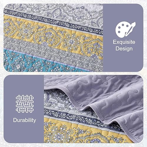Vista 102 de WONGS BEDDING Juego de edredón bohemio tamaño Queen Aqua, juego de colcha de 3 piezas a rayas, de microfibra ligera y suave bohemia para todas