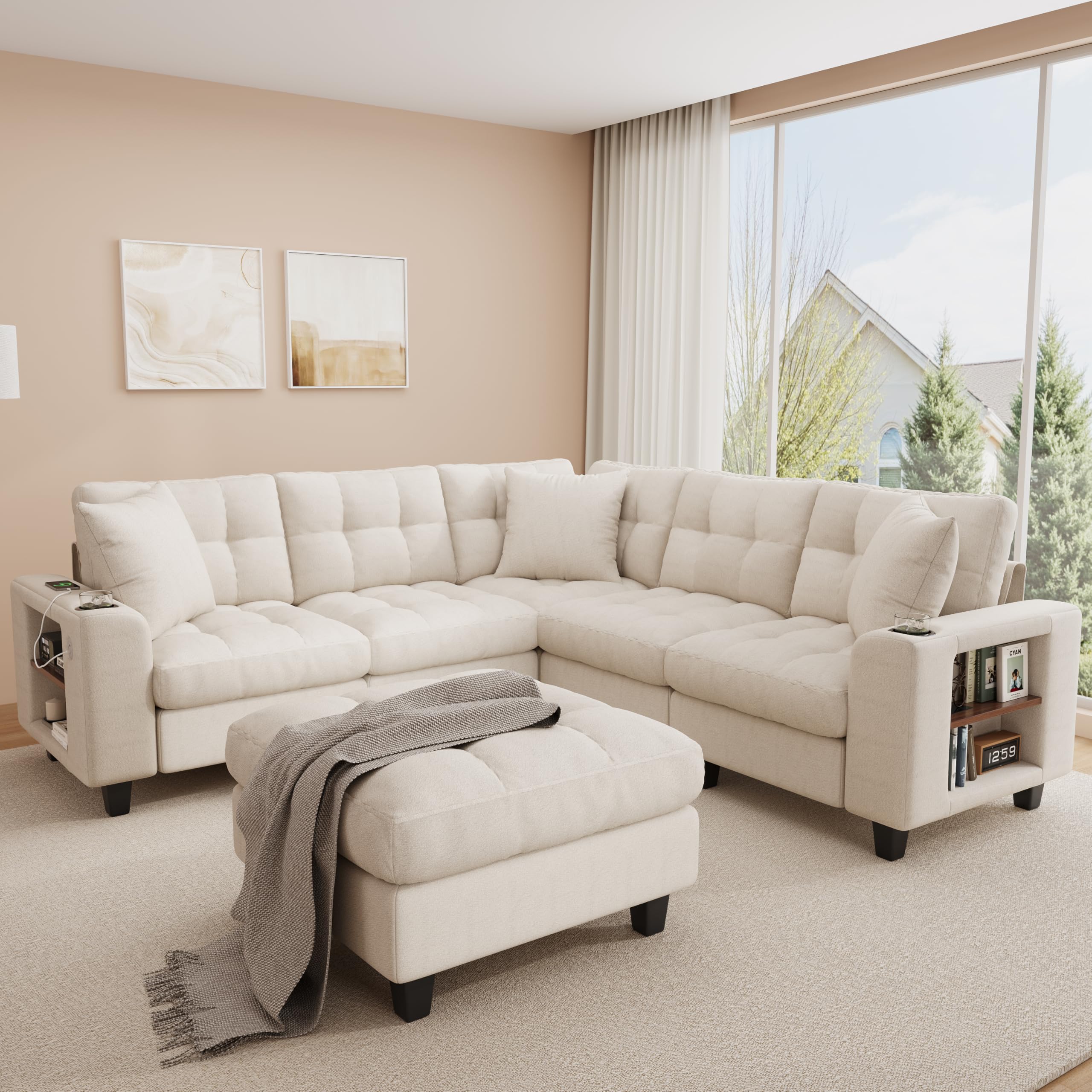 Sapgaks Sofá modular moderno de 6 plazas, con USB y portavasos, sofá de esquina modular muy grande en forma de U/L, con reposapiés extraíble y apoyabrazos con estantería, tela de chenilla, beige