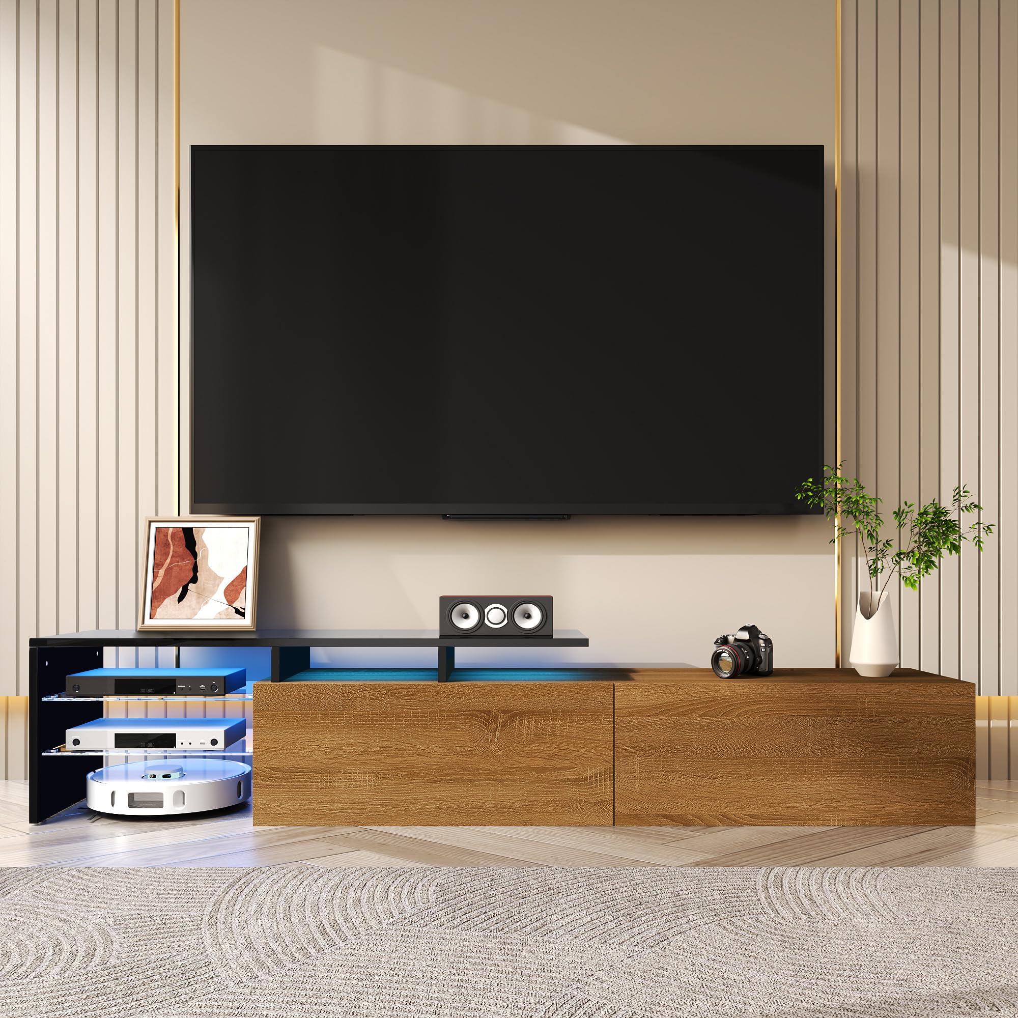 BTM Modern TV Cabinet Design: Stylish and Elegant, Practical Storage Space, Black and Wood Look, Glass Shelves, LED Lighting, 170x33x33.5cm — image 1