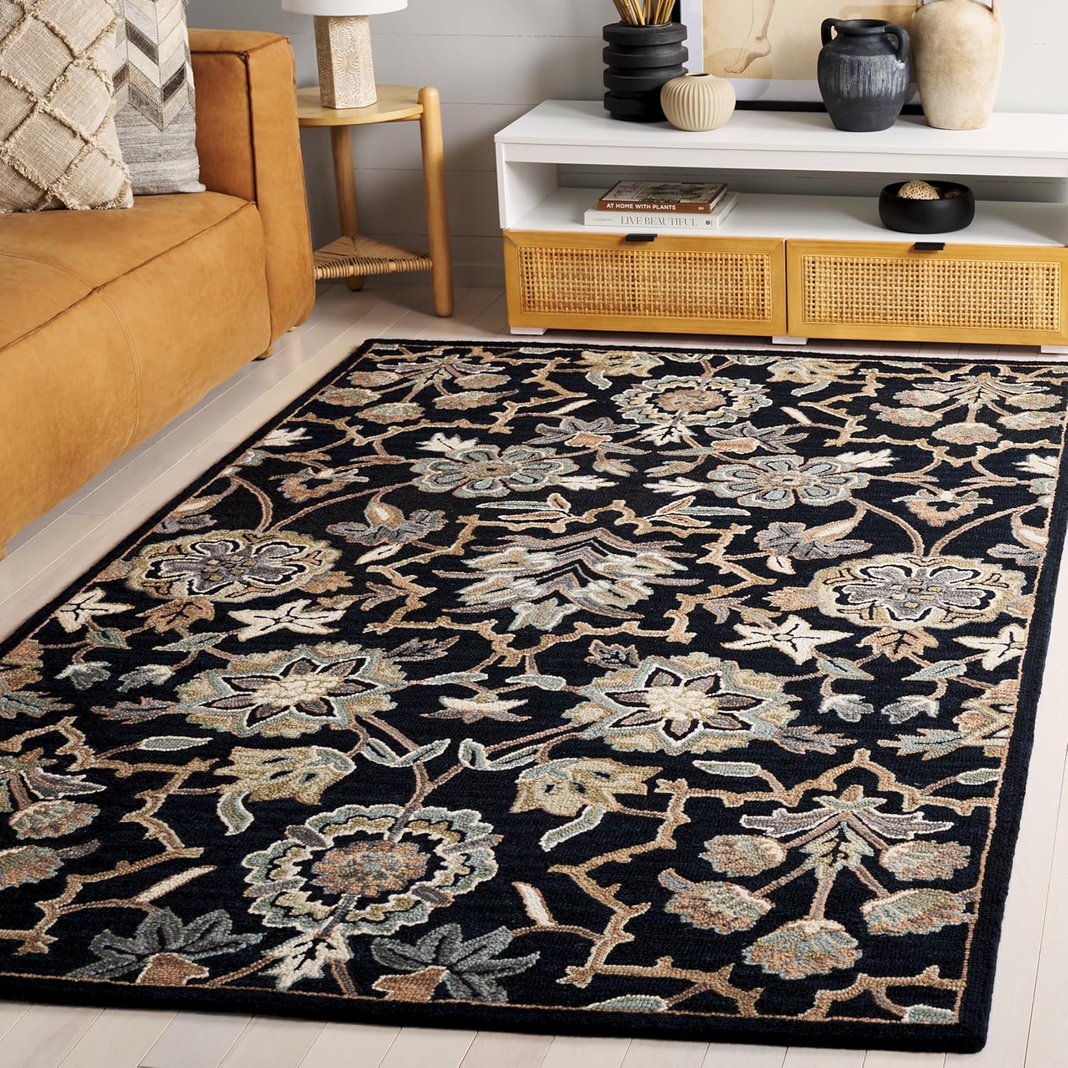 SAFAVIEH Metro Collection Area Rug - 5' x 8', Black & Beige, Handmade Floral Wool, Ideal for High Traffic Areas in Living Room, Bedroom (MET325Z) 5' x 8' (Rectangular) Black/Beige