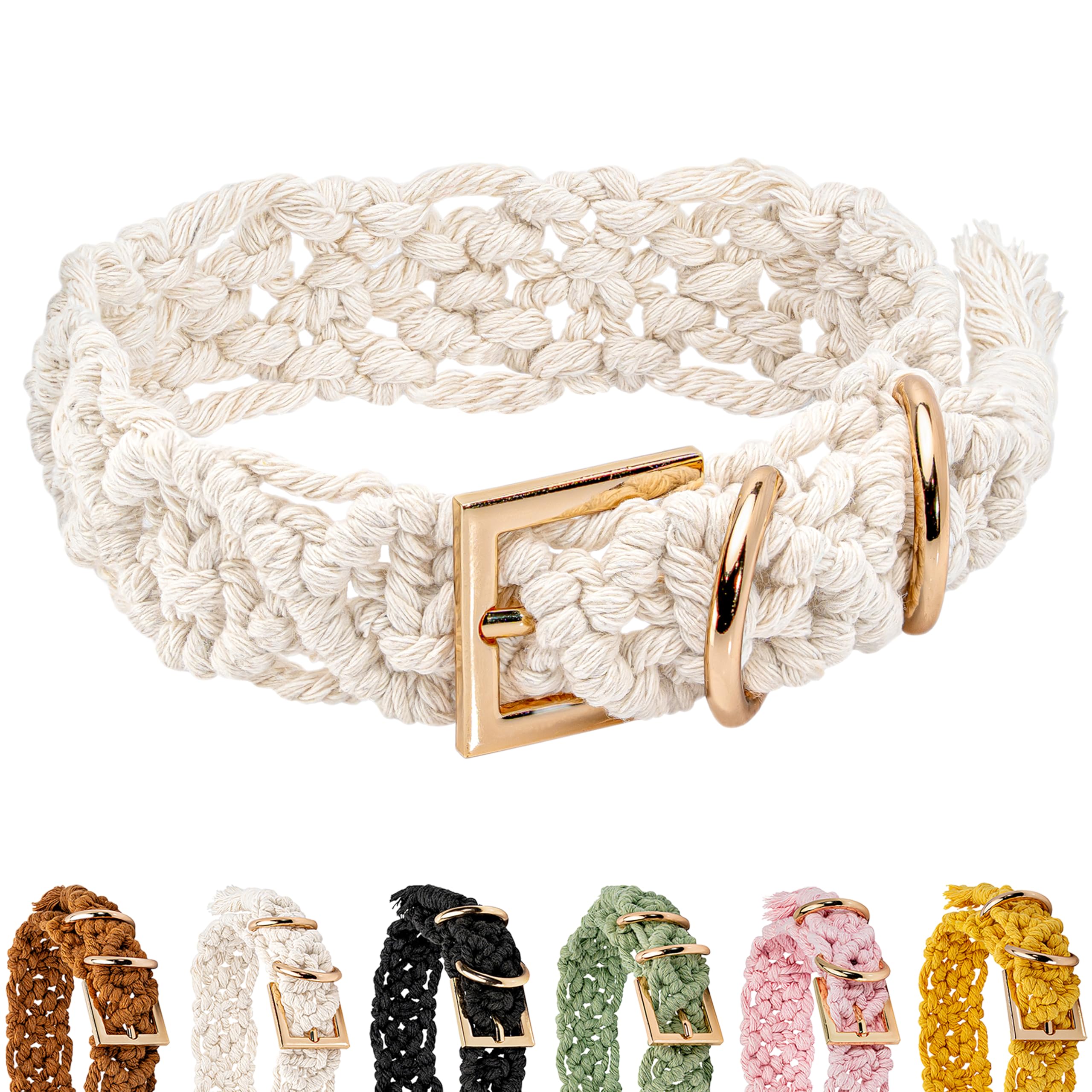 Handmade Macramé Dog Collar, Soft & Padded with Metal Buckle, Adjustable White Collar for Small & Medium Dogs, Lightweight, Eco-Friendly & Durable