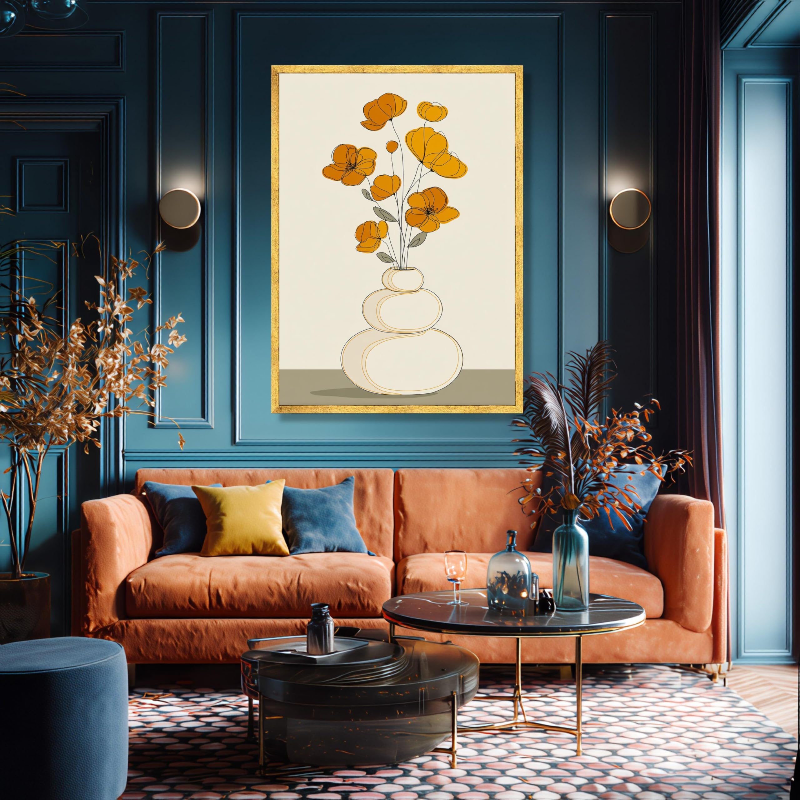 CAOXTART Pomarańczowe kwiaty abstrakcyjne plakaty liniowe wydruki artystyczne na płótnie nowoczesne obrazy botaniczne w stylu boho (70 x 100 cm / bez ramki)