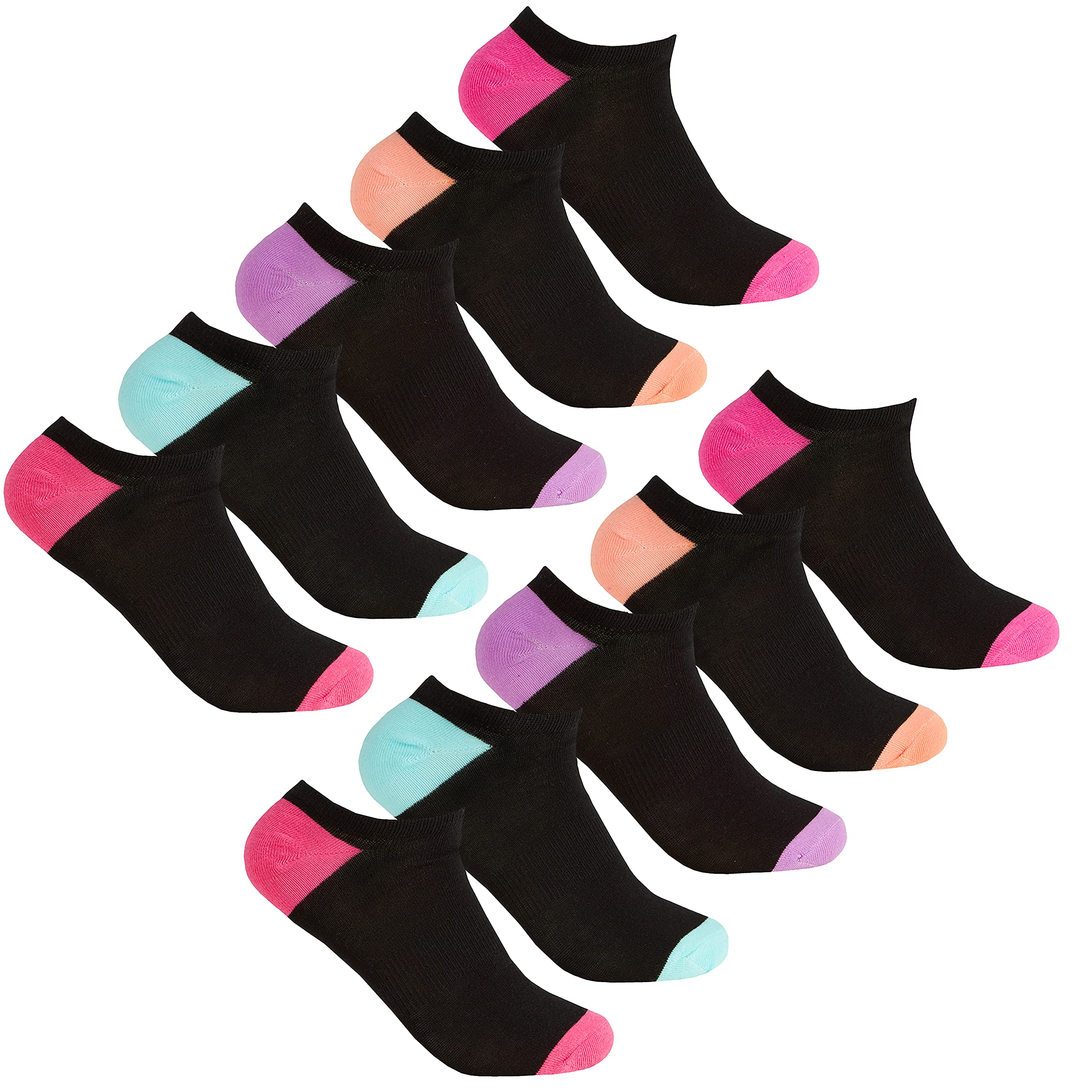 Red Tag Active Women's 10 Pairs Purple Black Trainer Liner Socks Low Cut Ankle Multipack Everyday Black Purple 4-8 Uk