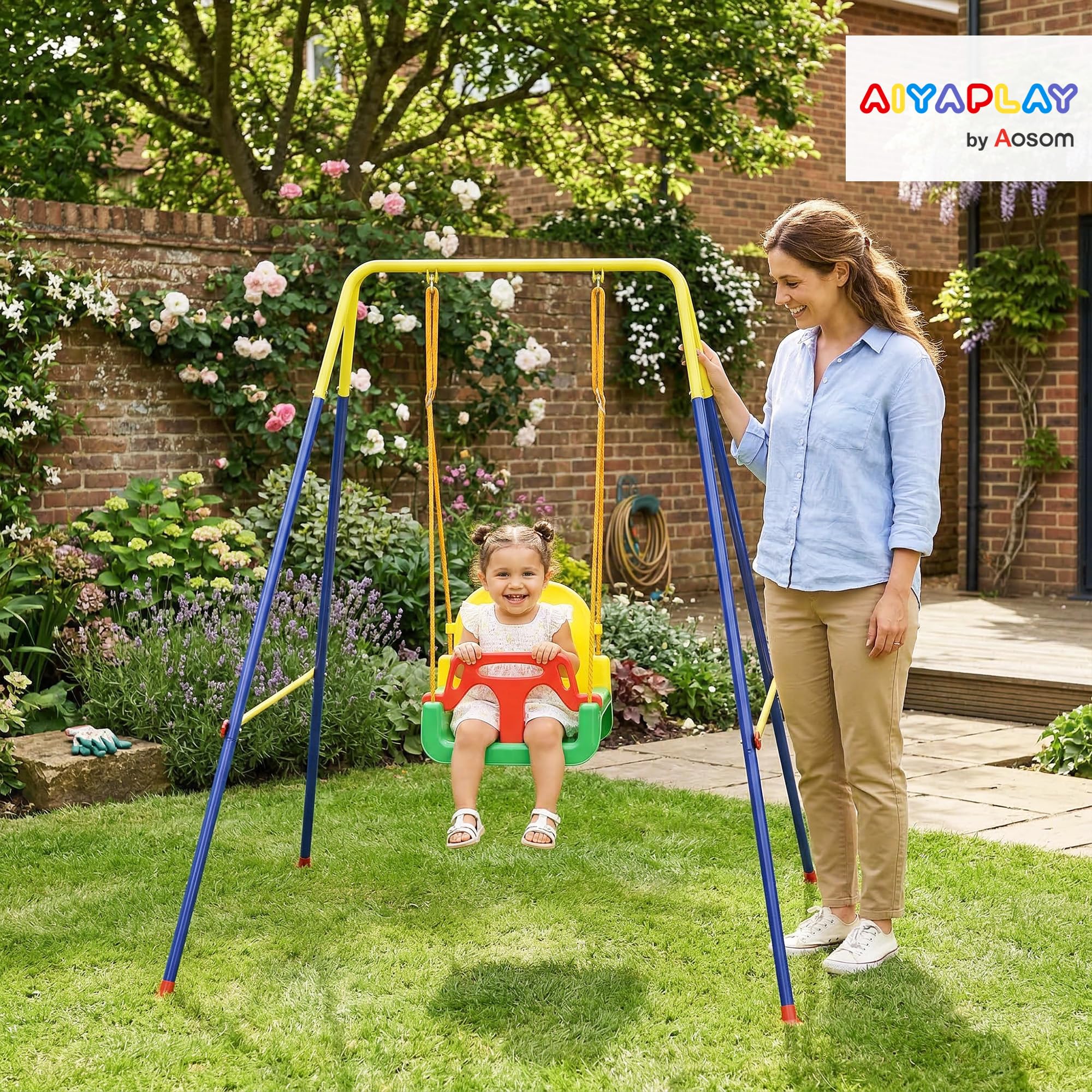 AIYAPLAY Portique Balançoire Exterieur Enfants 3-en-1 Pliable Multicolore