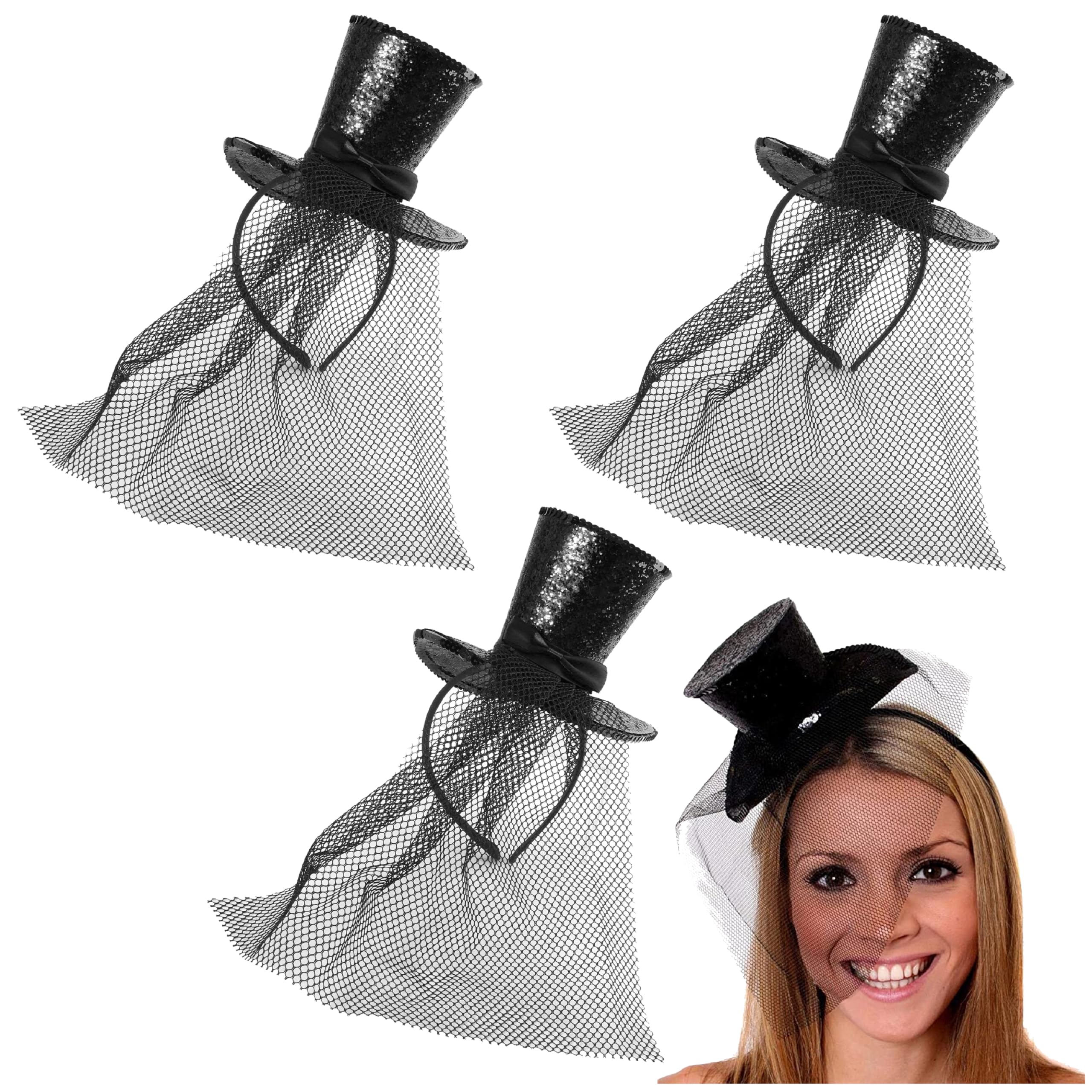 Ladies Glitter Fascinator Hat - Pack of 3 - Black Glitter Top Hat on Headband with Attached Black Net - Adults Halloween Christmas Party Fancy Dress Accessory