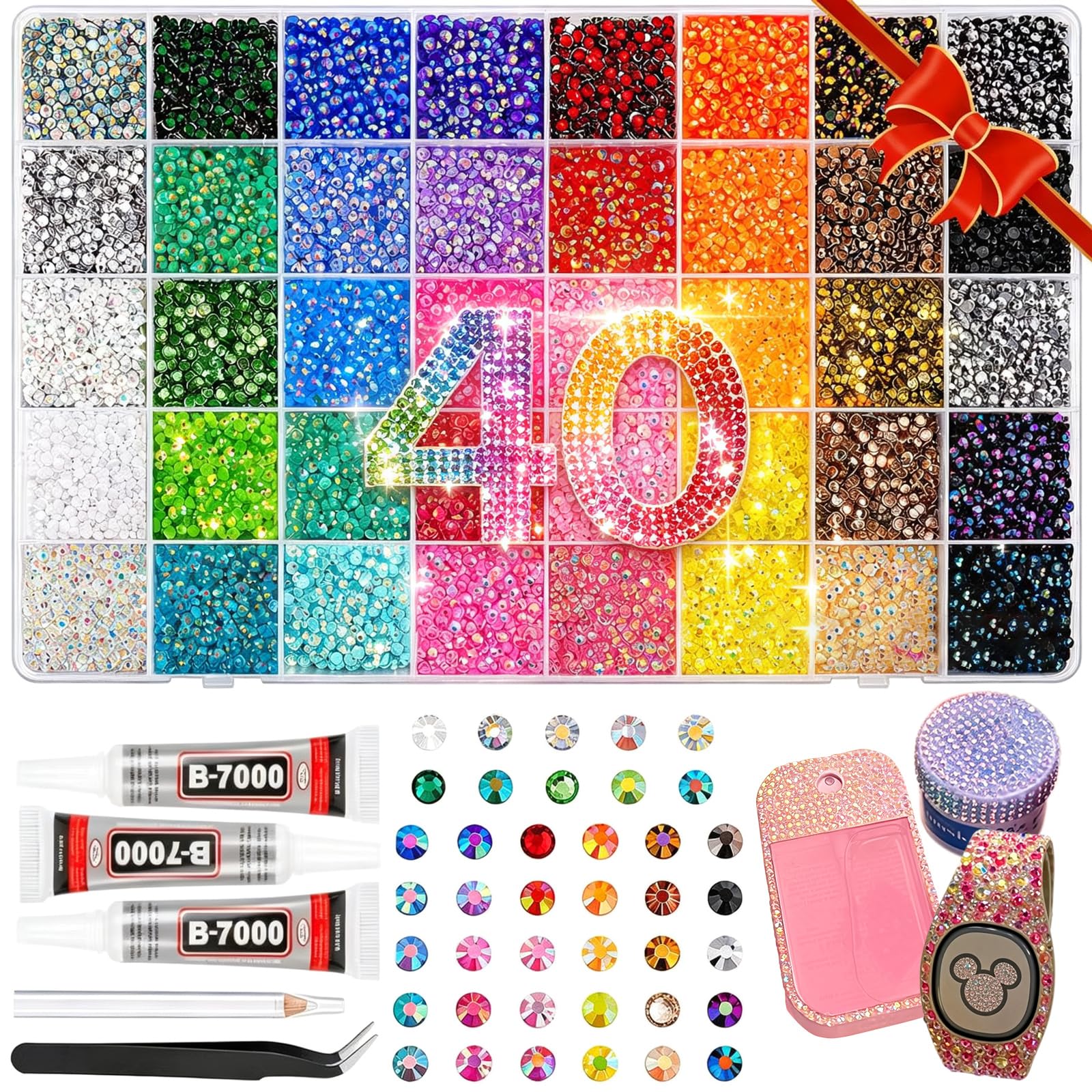 40000Pcs 40 Colors Resin Jelly Rhinestones Kit with B7000 Glue & Tools, Bedazzling Kit, Bedazzler Kit with Rhinestones for Shoes, Clothes, Nail Art, DIY Crafts & Rhinestones for Bedazzling (3mm)