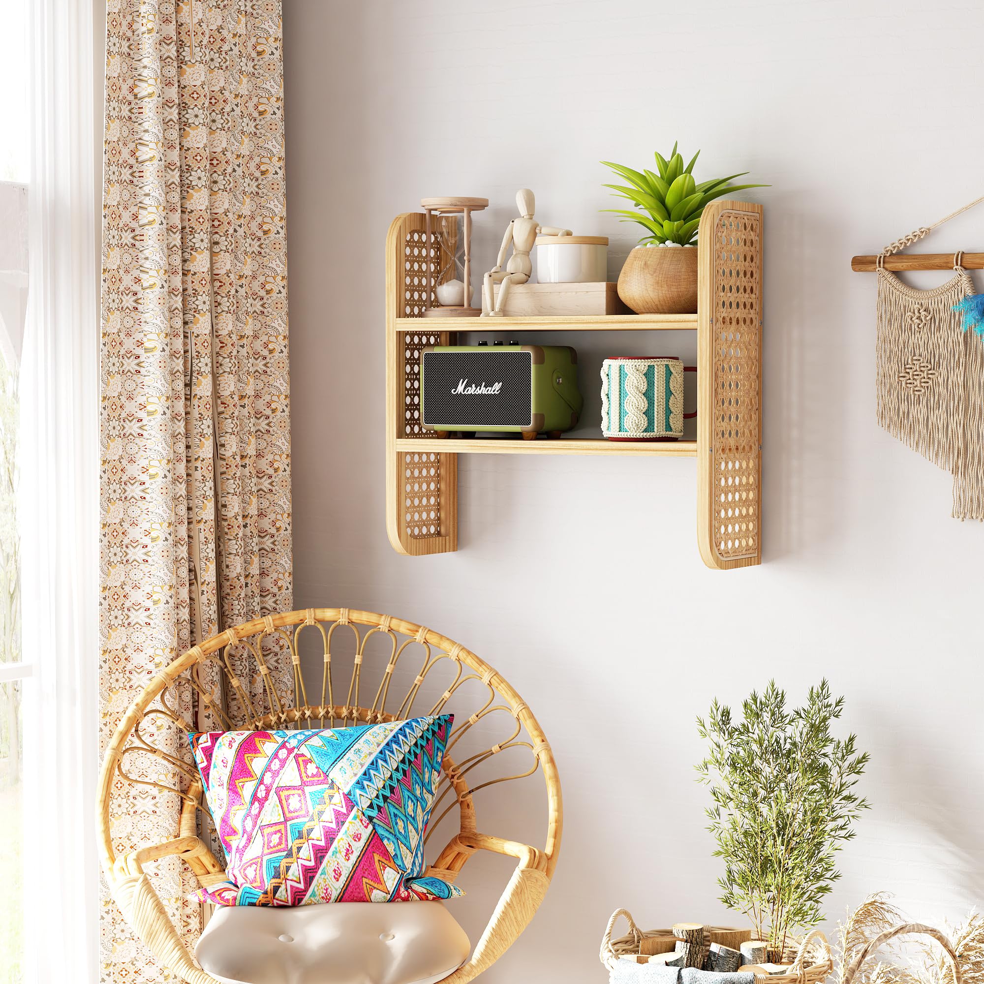 Schwebende Wandregale Natürliches Rattan Wandregal 2-stöckig, Boho Geflechtregal zur Wandmontage, Handgefertigtes Aufbewahrungsregal für Küche, Bad, Wohnzimmer & Kinderzimmer