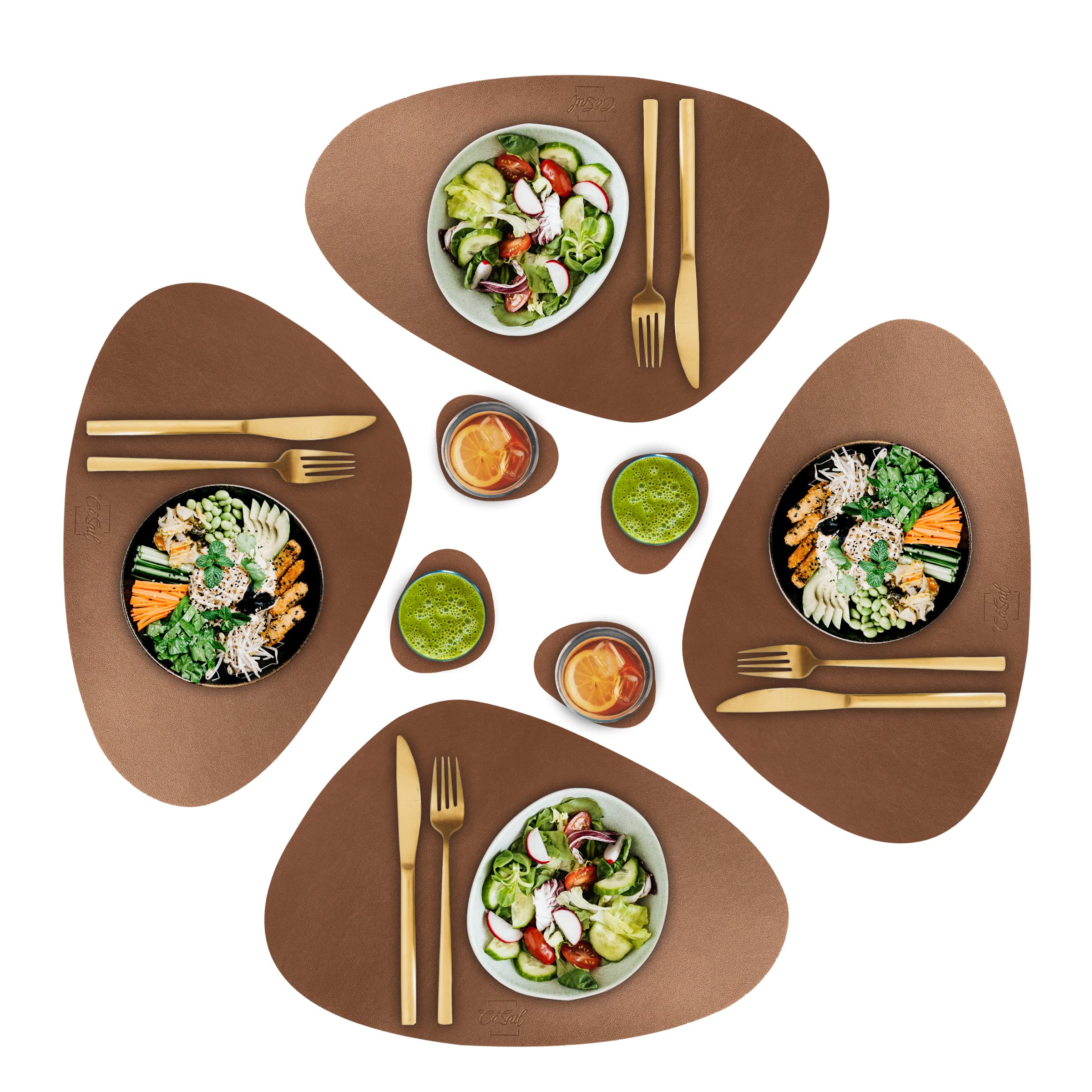 Faux Leather Placemats and Coasters - Set of 4 Round Modern Brown Table Mats for Dining - Heat Resistant, Waterproof & Non Slip Place mat for Indoor & Outdoor - Wipeable for Easy Care (Brown)