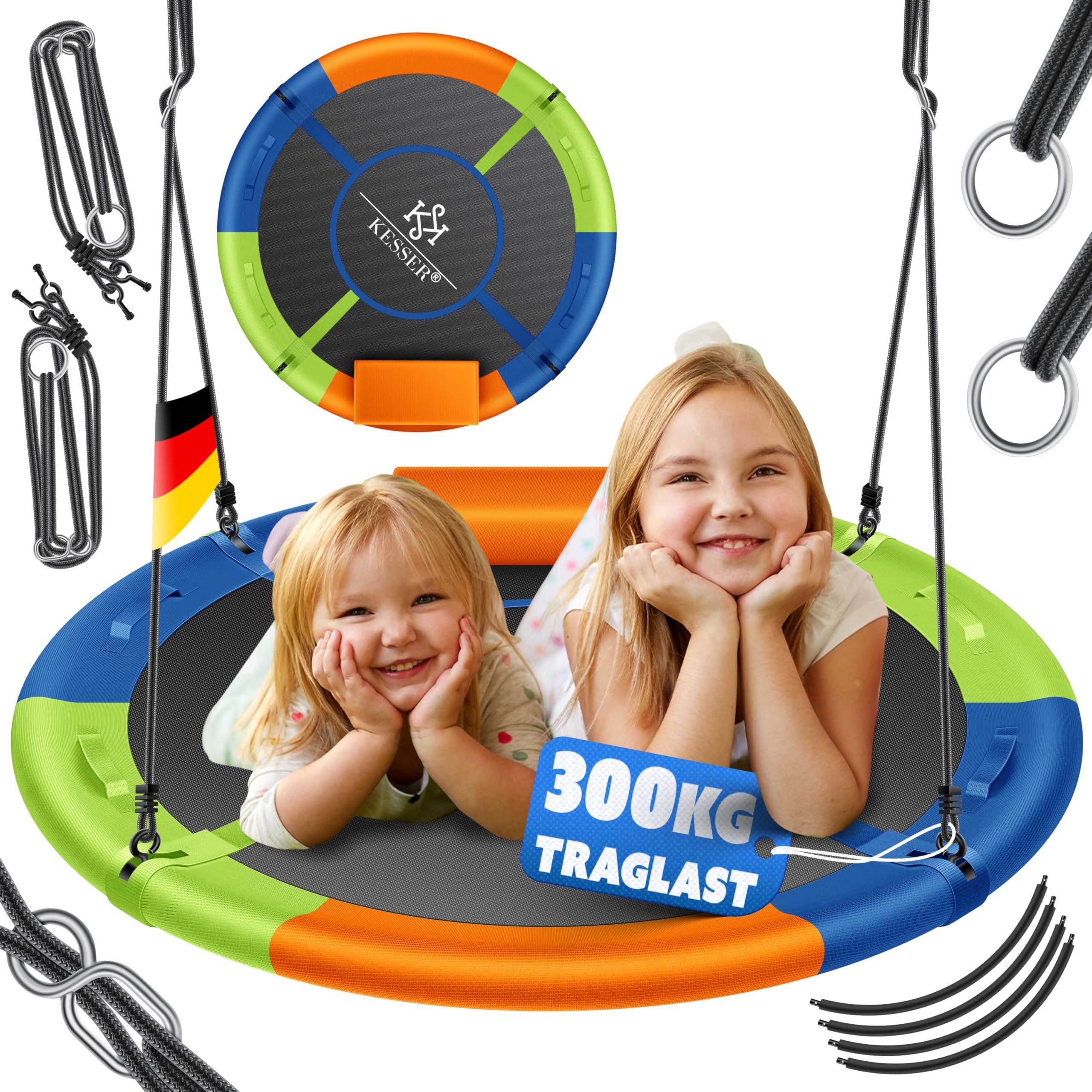 KESSER® Columpio nido, columpio redondo, diámetro de 100 cm, soporta hasta 300 kg, con cojín y 4 asas, ajustable, para interior y exterior, para niños y adultos, multicolor