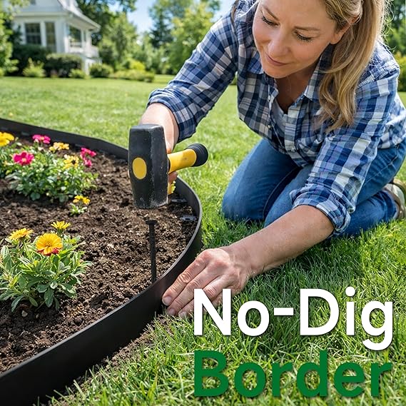 Gardzen 1.5 x 100' Landscape Edging Kit, No Dig Lawn Garden Border with 120 Pcs Spikes, Flexible Edging Border for Mulch Bed Pathway Paver