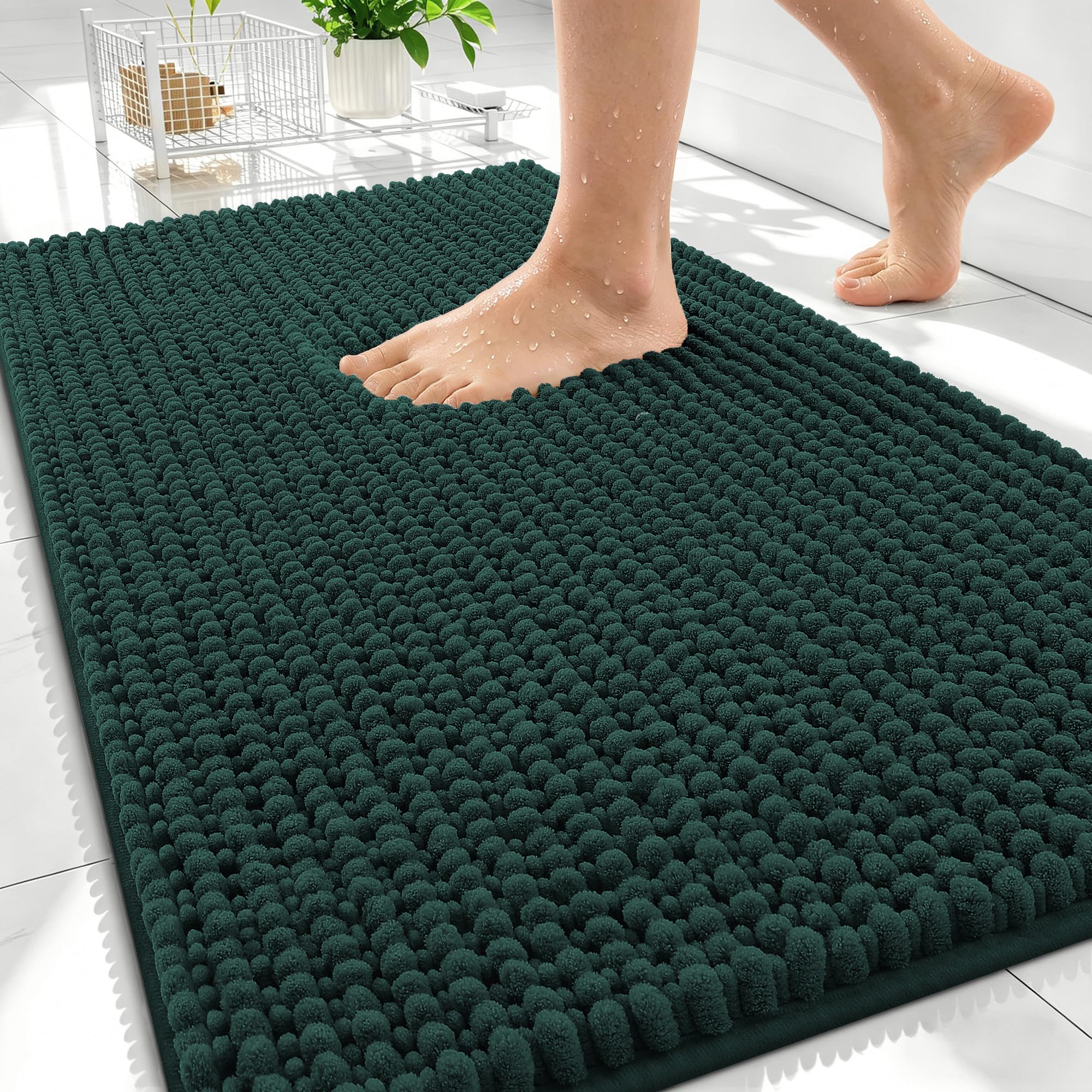 OLANLY Thick Chenille Absorbent Bathroom Rugs Mat 30x20, Blackish Green