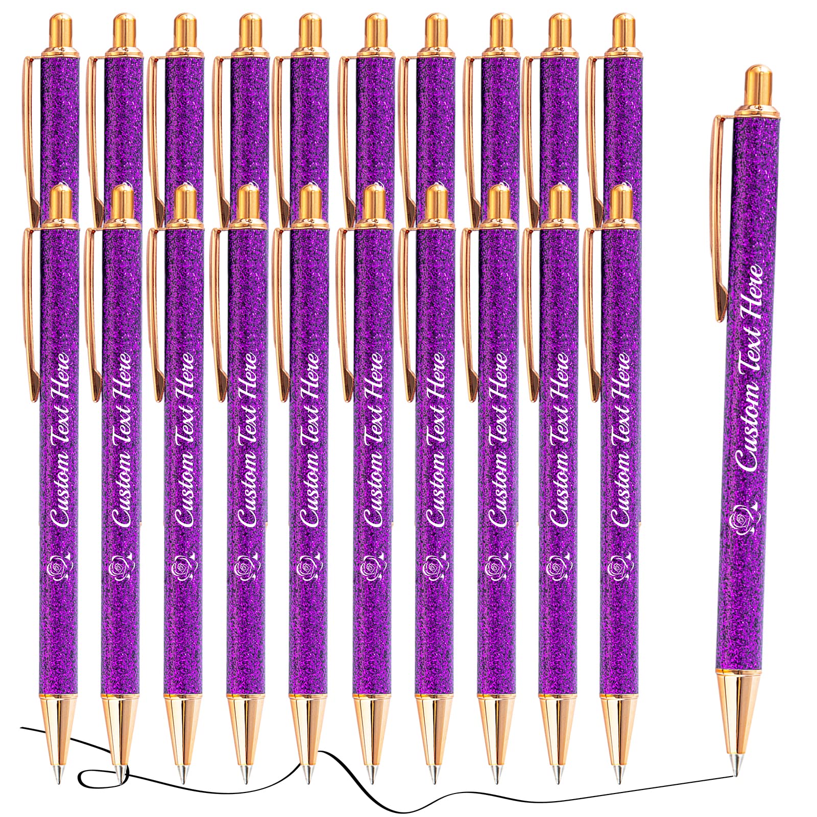 Aolun 20 Personalised Pens with Name Custom Glitter Pen Bulk Customised Retractable Ballpoint Pens with Text Message for Women Nurses Writing Birthday Business Graduation_Black Ink — image 1