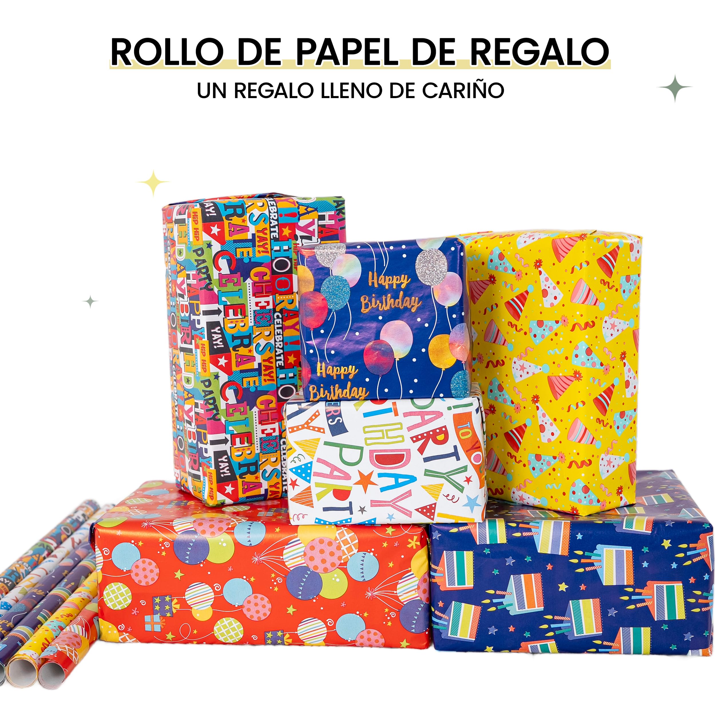 H HANSEL HOME Pack 6 Rollos Papel de Regalo Cumpleaños 70x200cm – Diseños Coloridos Happy Birthday – Papel Resistente para Envolver Regalos y Fiestas
