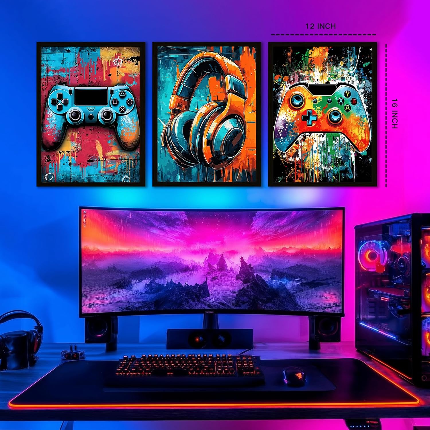 Framed Cool Gaming Wall Art Video Game Watercolor Graffiti Pictures Neon Gamepad Video Gamer Room Decor for Teenage Boys Gamer Room Decoration 12x16inx3pcs