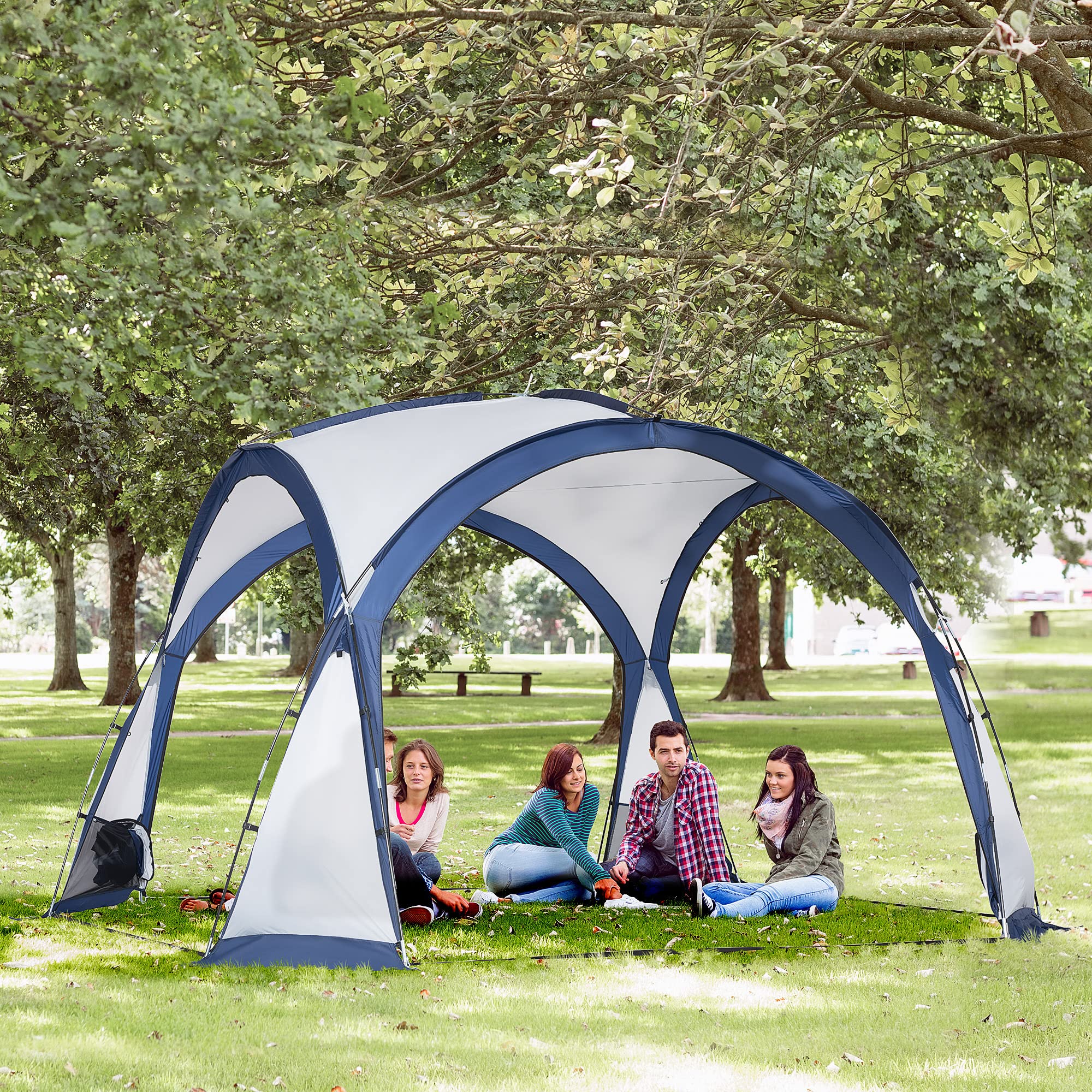 Outsunny Tente de Camping dôme familiale pour 6-8 Personnes avec 4 Portes en Filet zippées, Tissu Oxford Amovible, Crochet pour Lampe, Sac de Transport dim. 350L x 350l x 230H cm - Blanc et Bleu